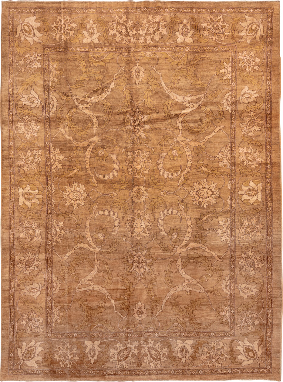 10' x 13' one-of-a-kind handmade vintage Amritzar large size rug. Color palette: camel, taupe, ivory, tan, beige, ochre