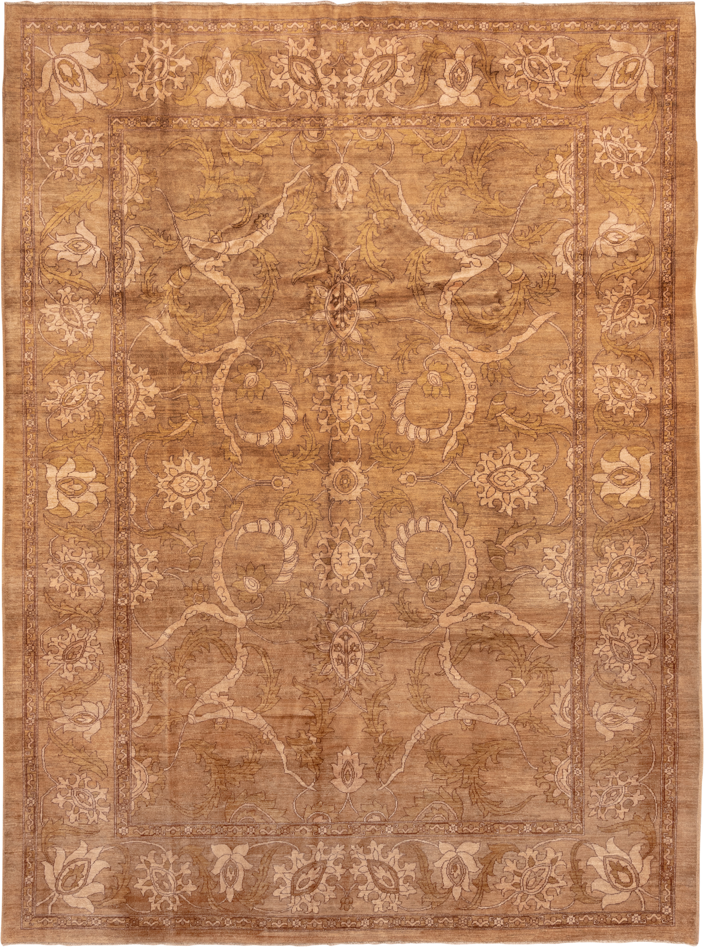 10' x 13' one-of-a-kind handmade vintage Amritzar large size rug. Color palette: camel, taupe, ivory, tan, beige, ochre