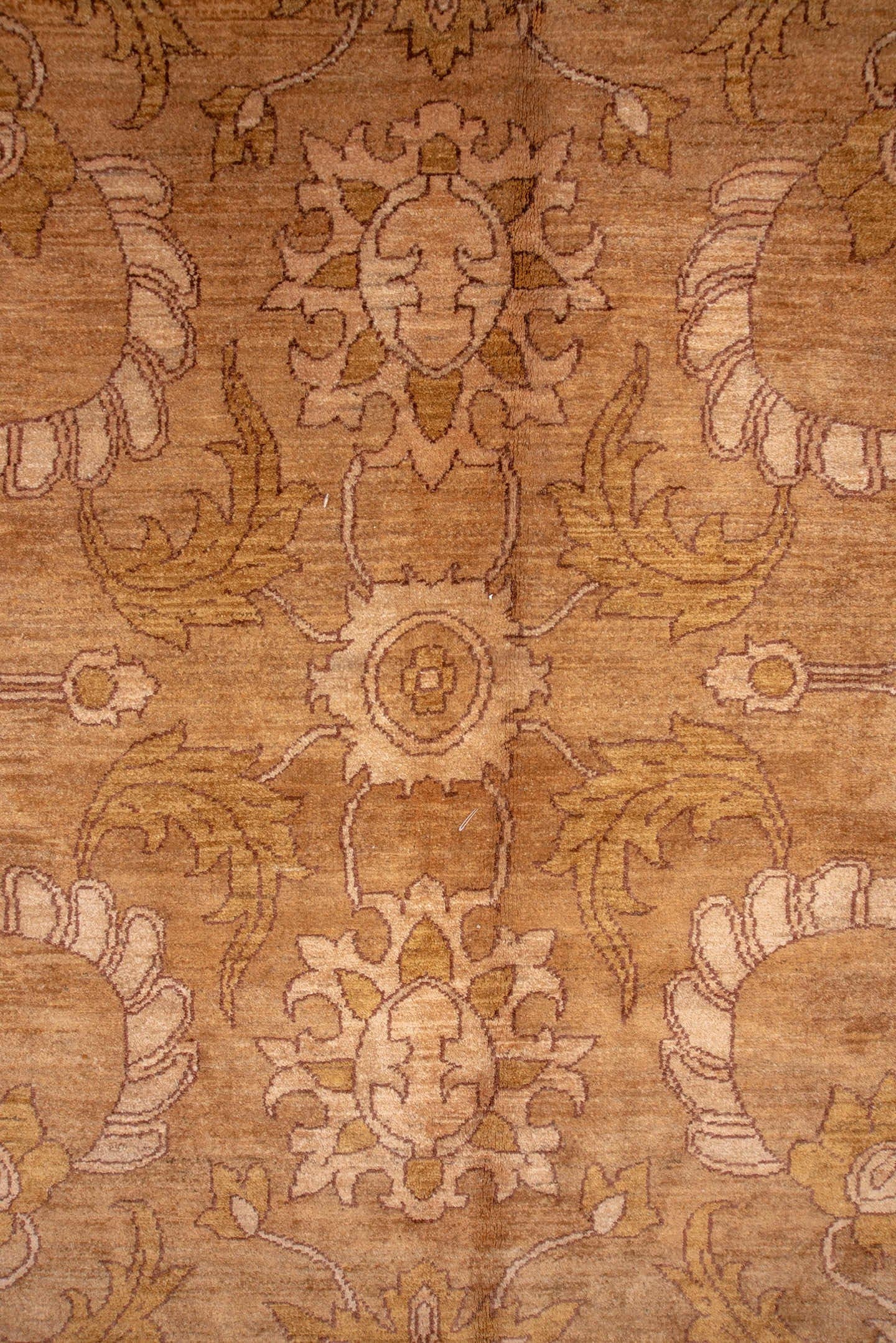 10' x 13' one-of-a-kind handmade vintage Amritzar large size rug. Color palette: camel, taupe, ivory, tan, beige, ochre
