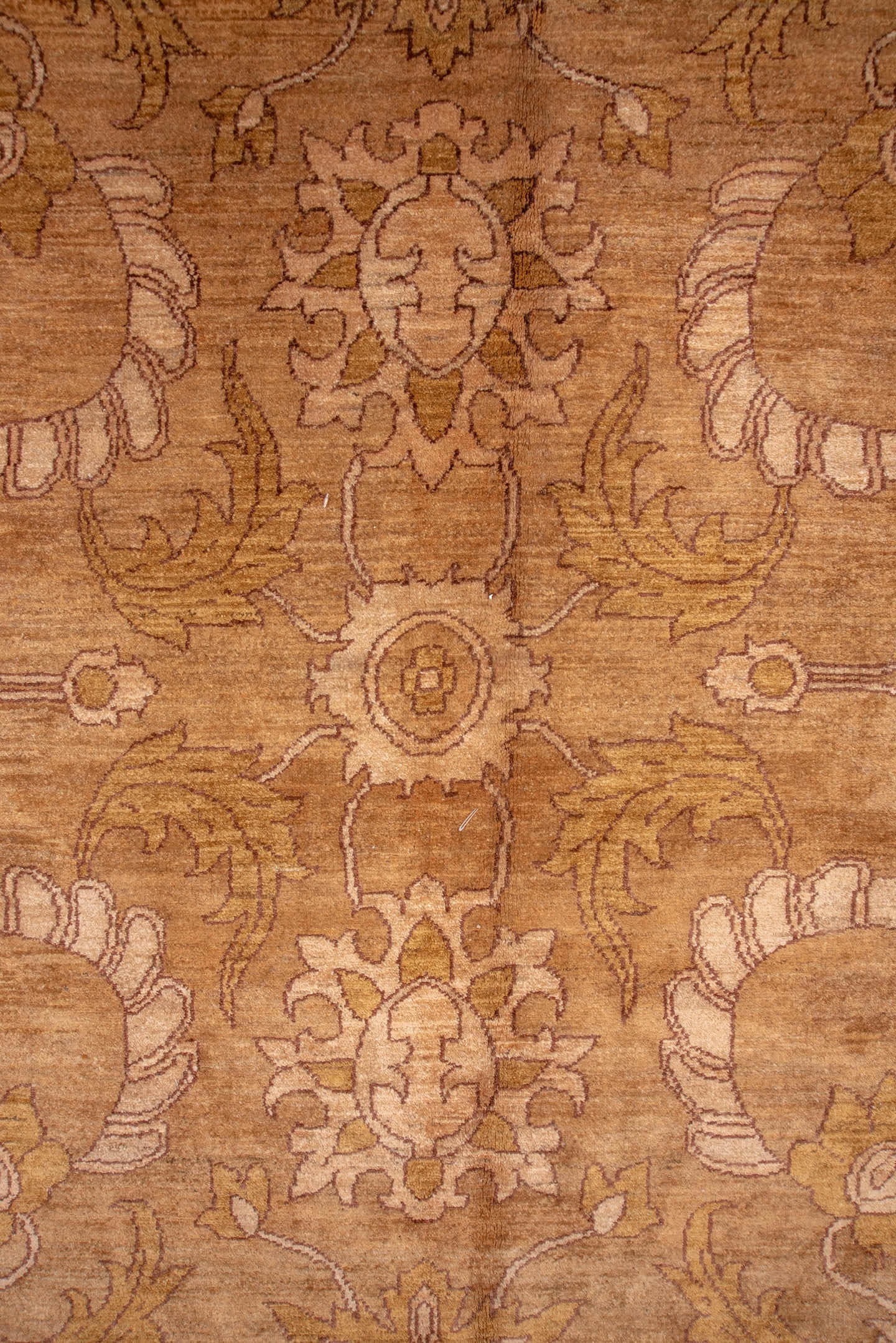 10' x 13' one-of-a-kind handmade vintage Amritzar large size rug. Color palette: camel, taupe, ivory, tan, beige, ochre