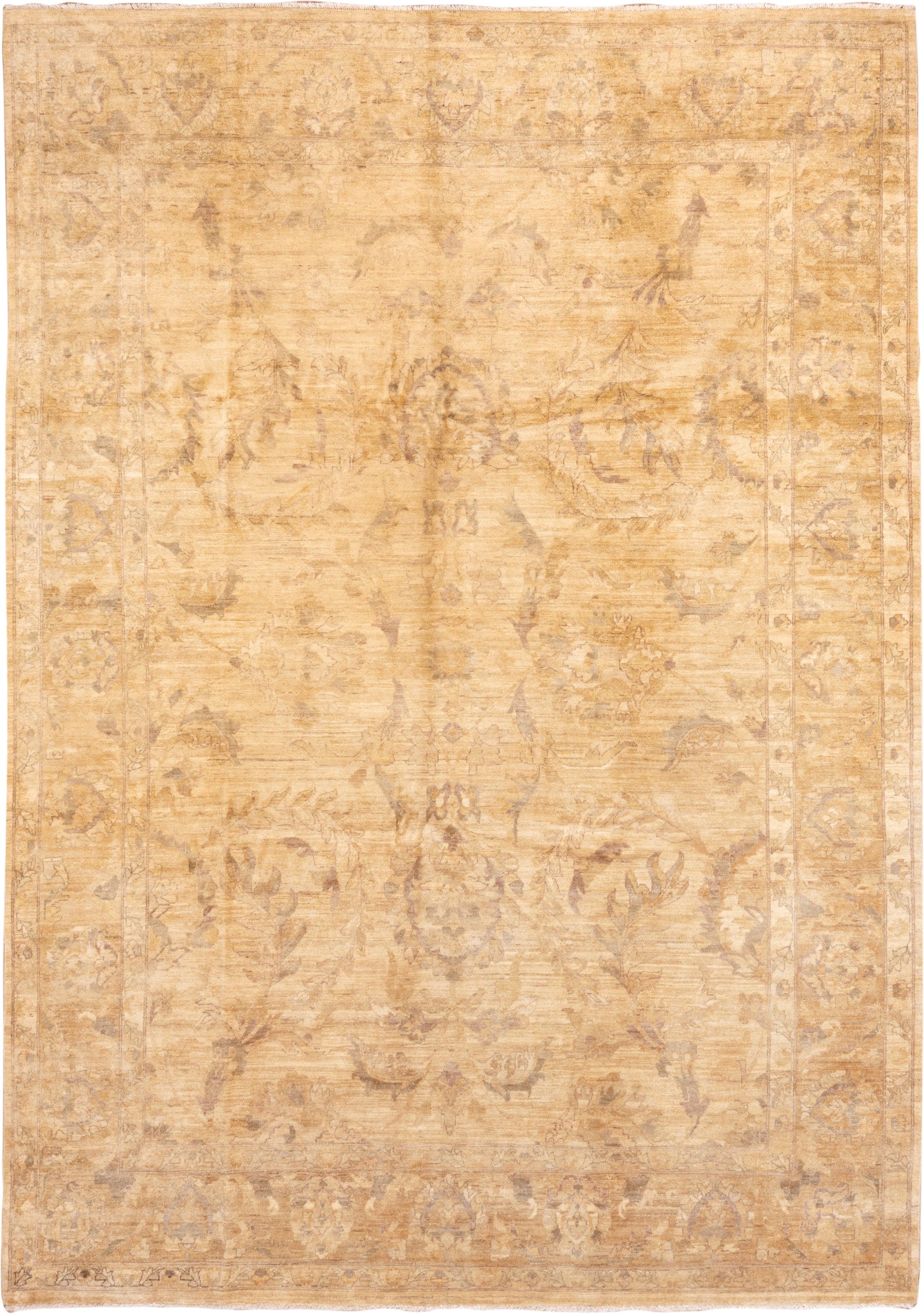 9' x 13' one-of-a-kind handmade vintage Oushak large size rug. Color palette: gold, camel, ivory, taupe, beige, gray