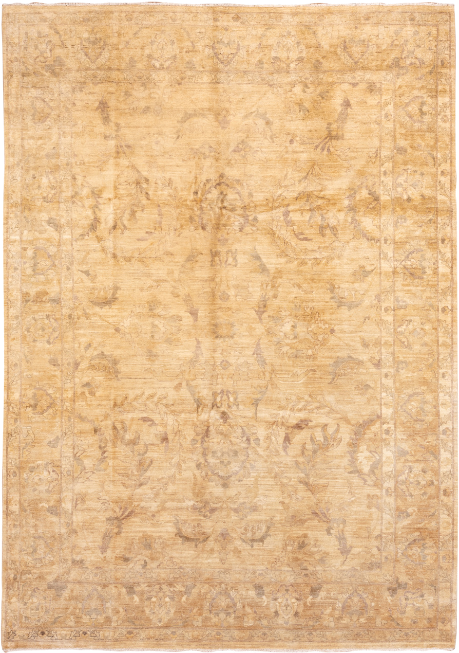 9' x 13' one-of-a-kind handmade vintage Oushak large size rug. Color palette: gold, camel, ivory, taupe, beige, gray