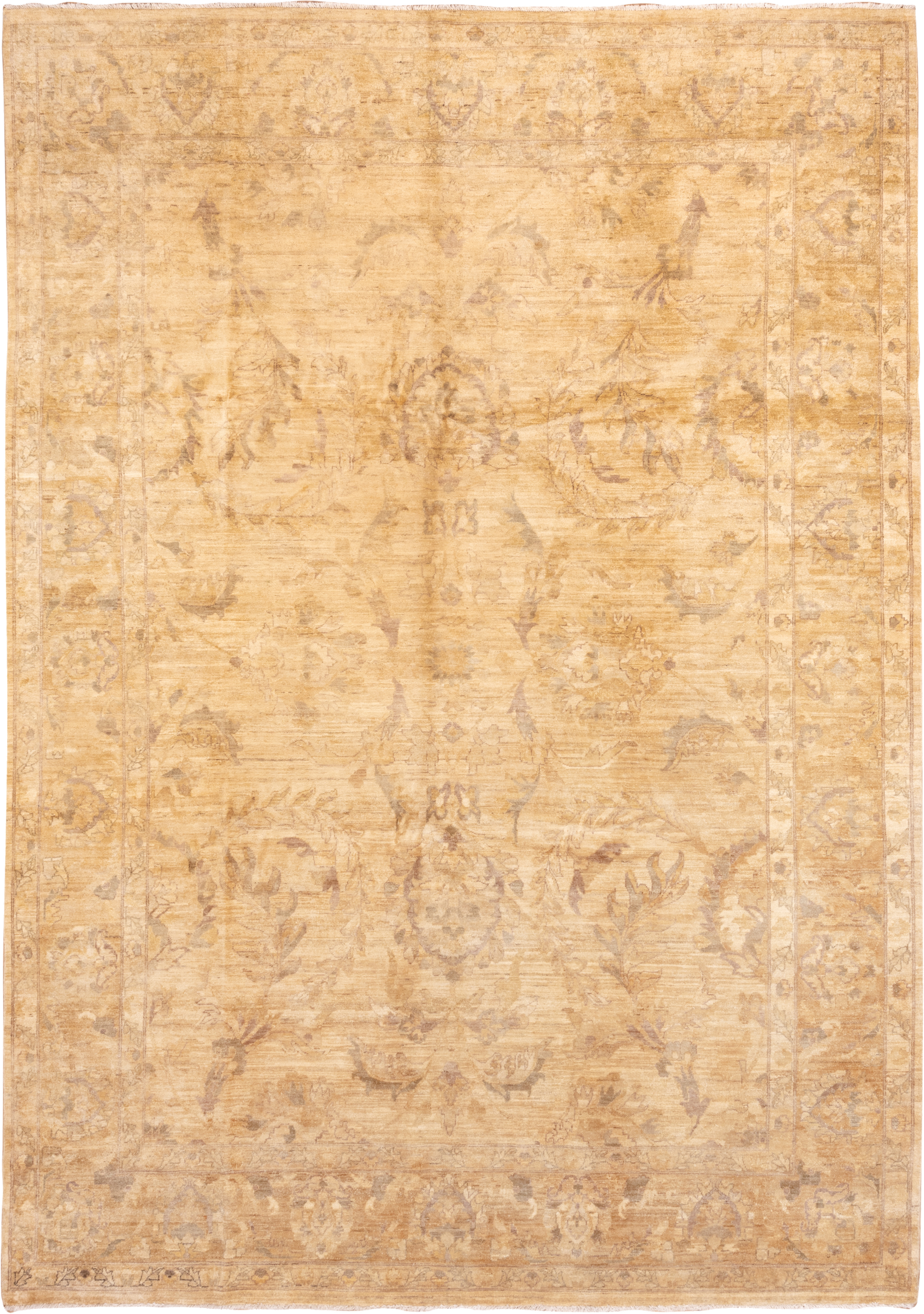 9' x 13' one-of-a-kind handmade vintage Oushak large size rug. Color palette: gold, camel, ivory, taupe, beige, gray