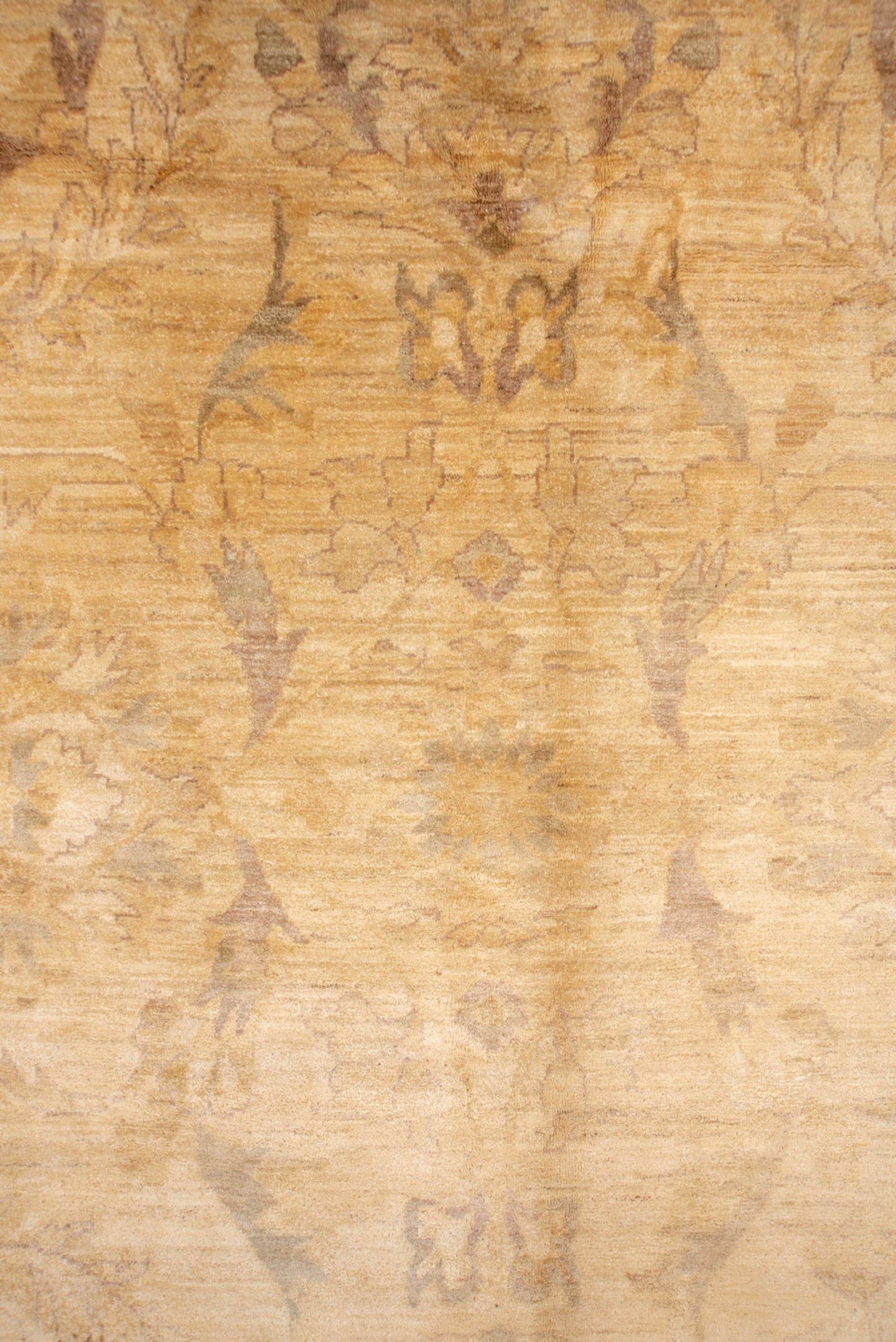 9' x 13' one-of-a-kind handmade vintage Oushak large size rug. Color palette: gold, camel, ivory, taupe, beige, gray
