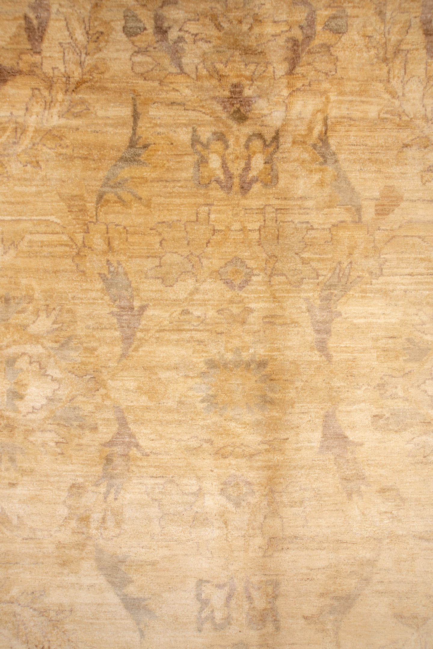 9' x 13' one-of-a-kind handmade vintage Oushak large size rug. Color palette: gold, camel, ivory, taupe, beige, gray