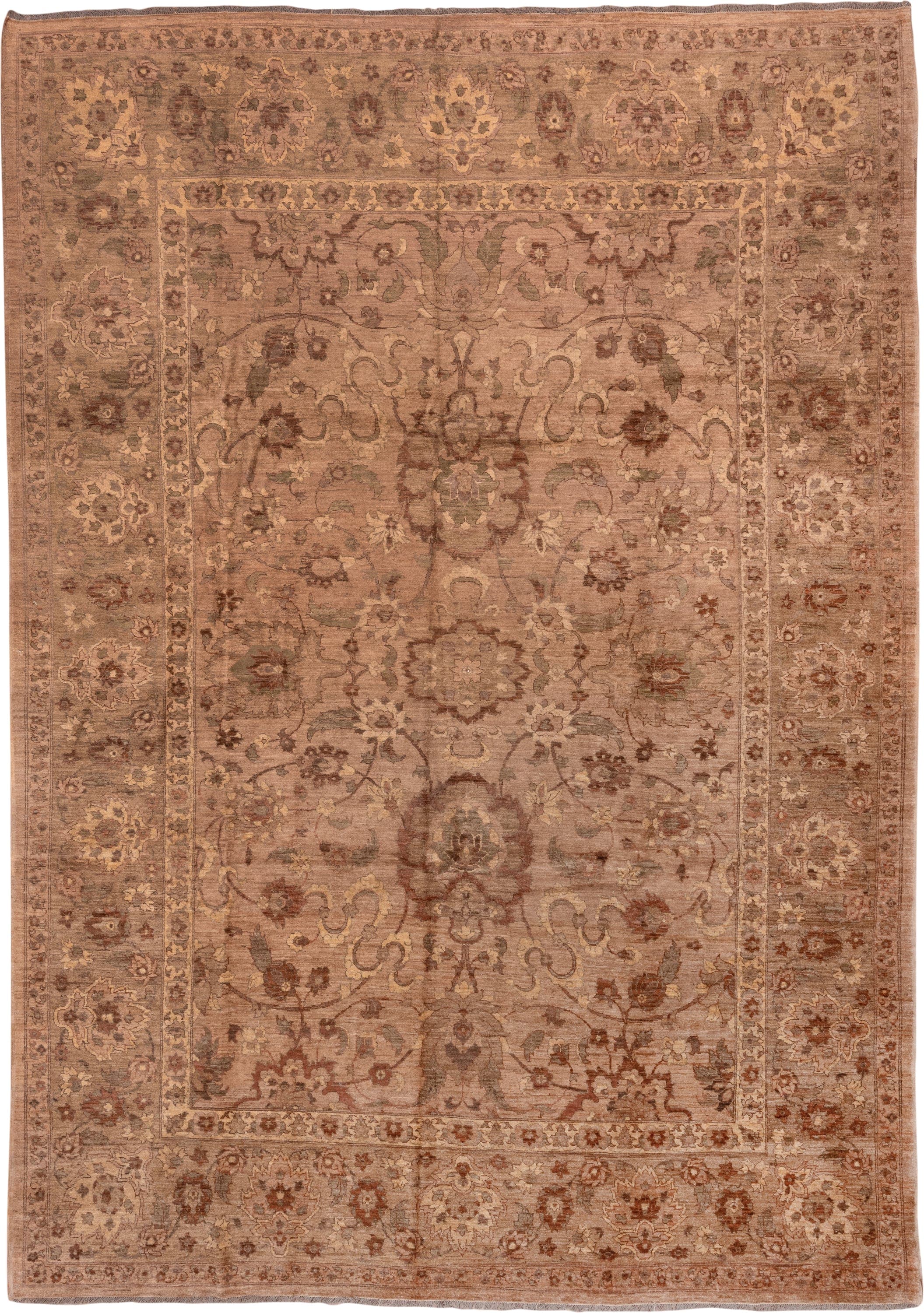 9' x 13' one-of-a-kind handmade vintage Sultanabad large size rug. Color palette: taupe, rose, terra cotta, camel, sage
