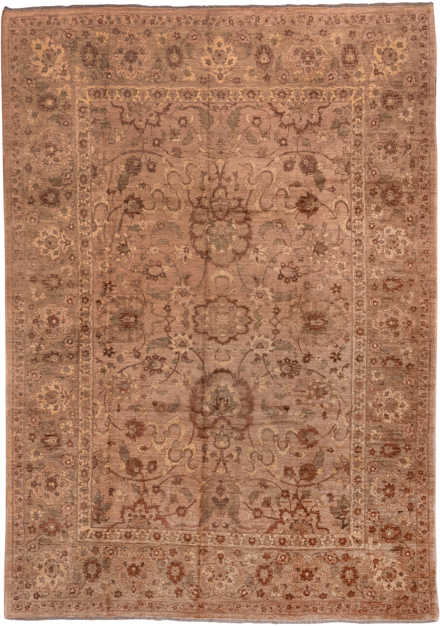 9' x 13' one-of-a-kind handmade vintage Sultanabad large size rug. Color palette: taupe, rose, terra cotta, camel, sage