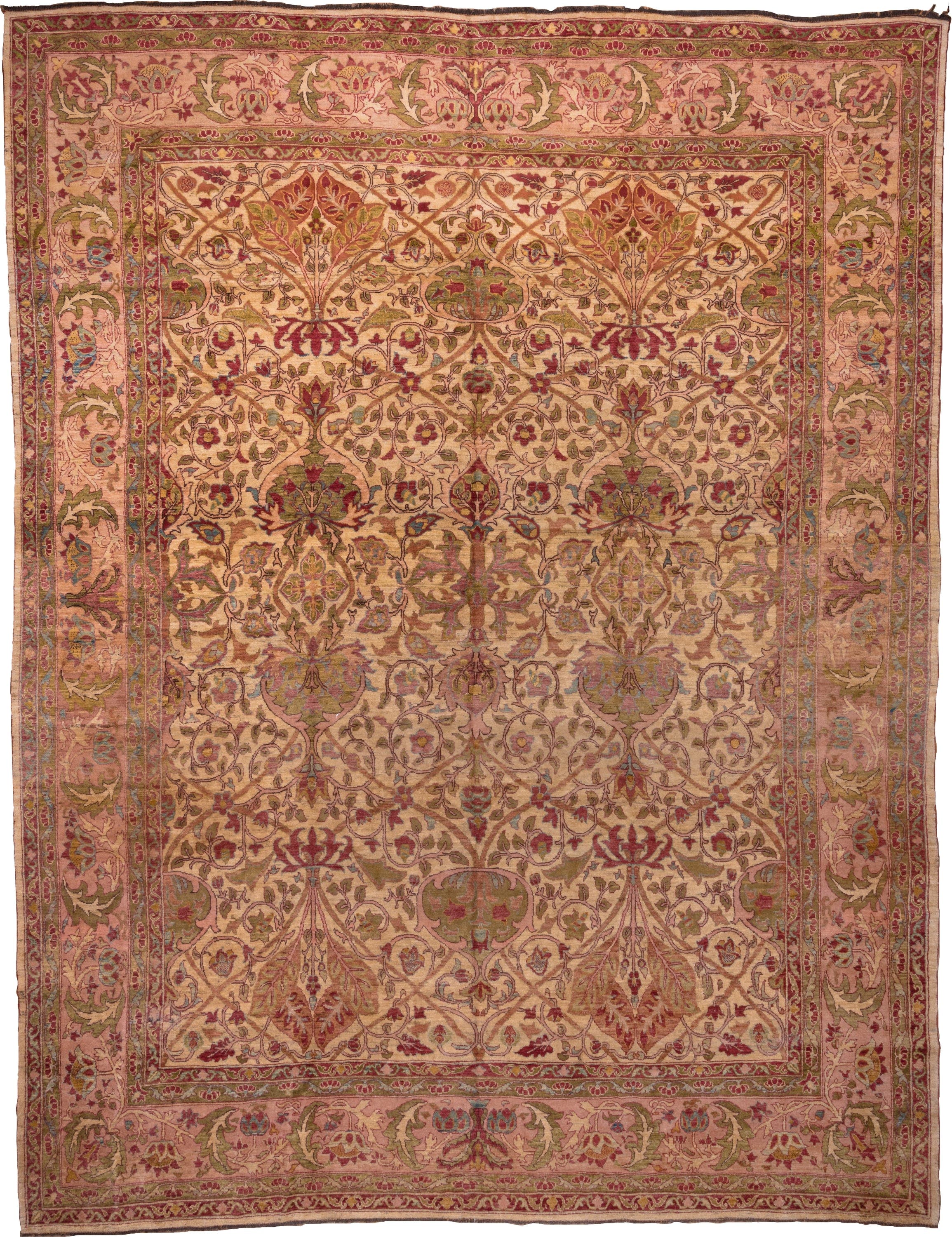 11' x 14' one-of-a-kind handmade vintage Sultanabad oversize rug. Color palette: blush, ivory, rose, olive, sage, burgundy