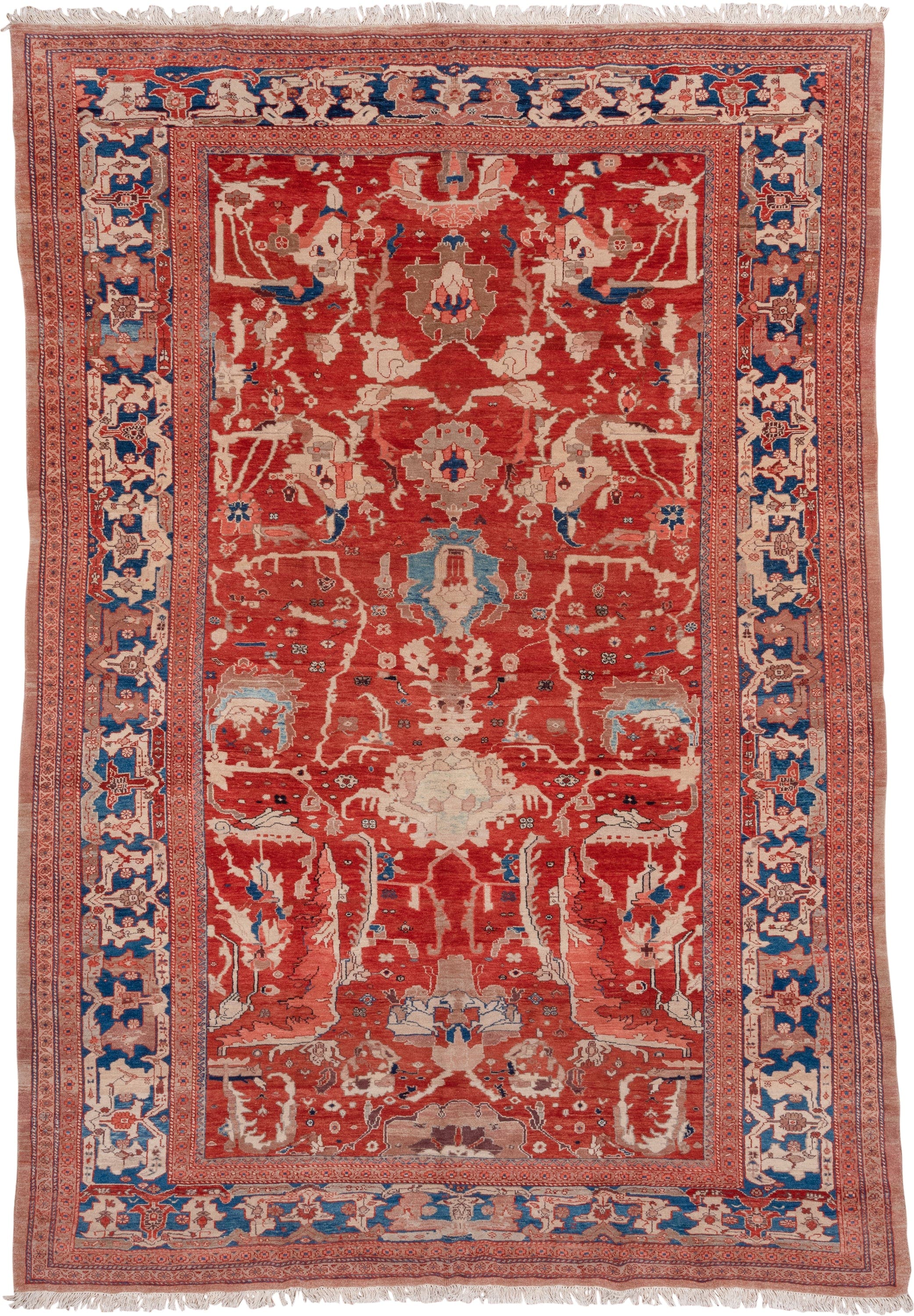 9' x 13' one-of-a-kind handmade vintage Sultanabad large size rug. Color palette: rust, ivory, blue, terra cotta, beige