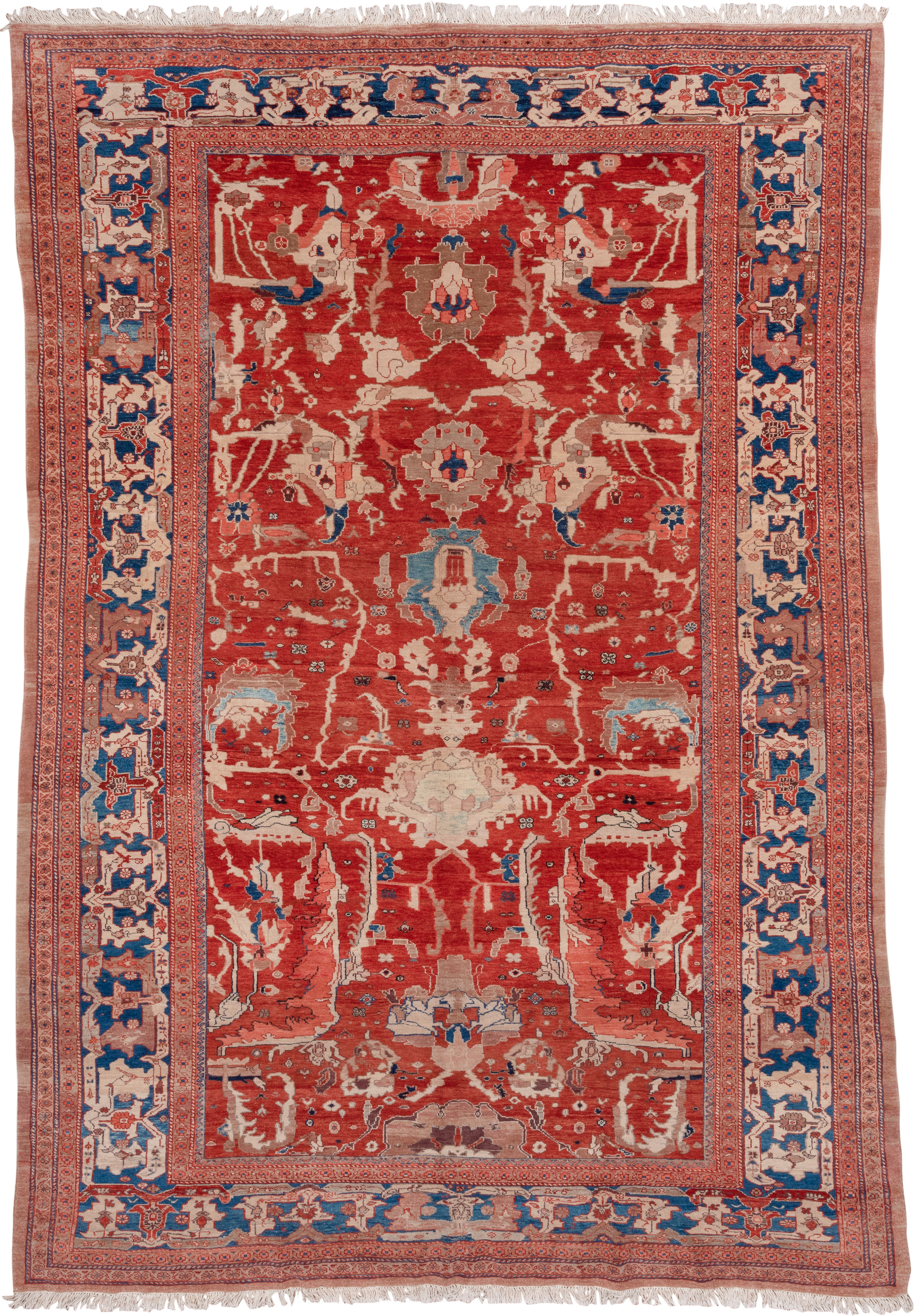 9' x 13' one-of-a-kind handmade vintage Sultanabad large size rug. Color palette: rust, ivory, blue, terra cotta, beige