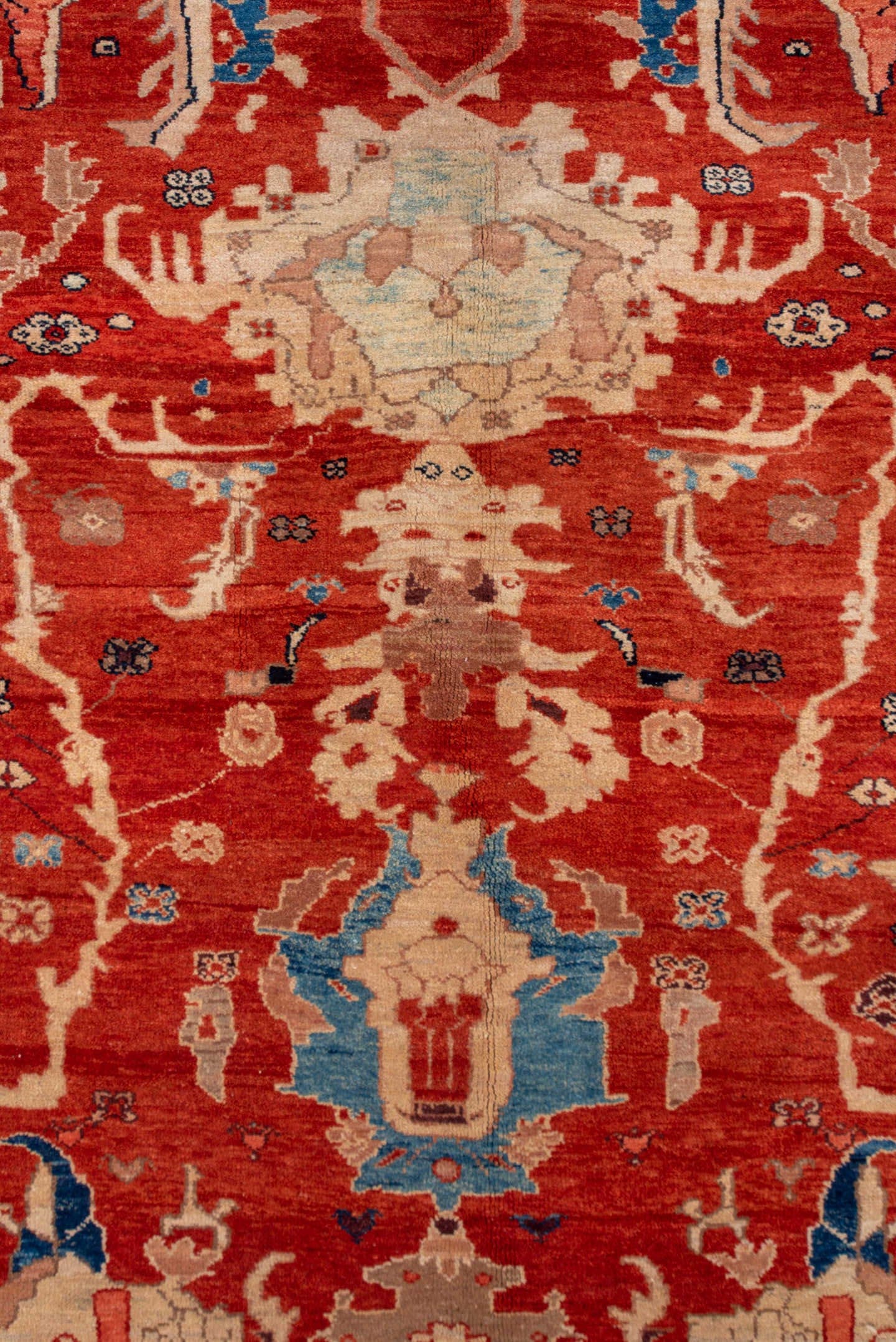 9' x 13' one-of-a-kind handmade vintage Sultanabad large size rug. Color palette: rust, ivory, blue, terra cotta, beige