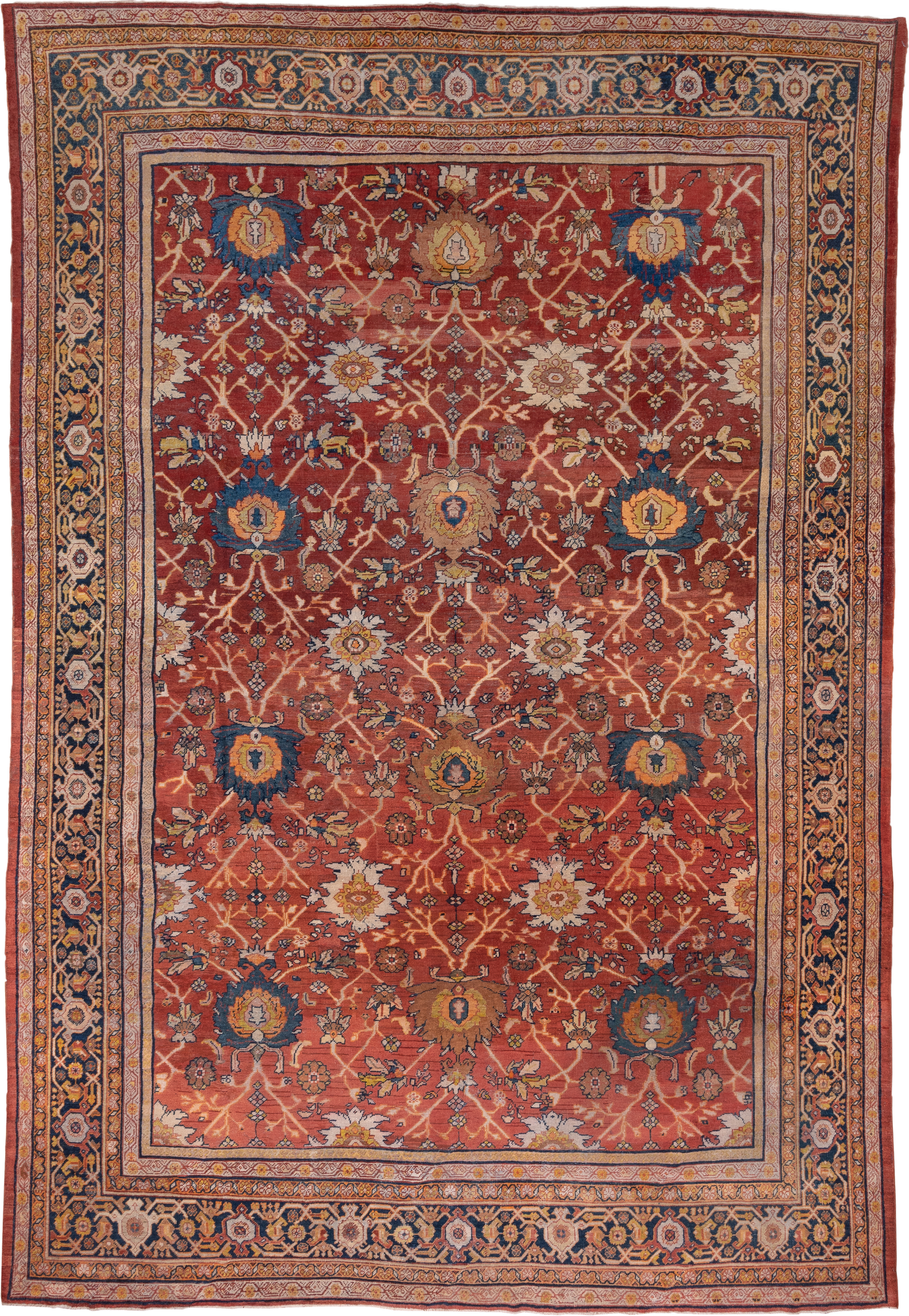10' x 15' one-of-a-kind handmade antique Mahal rug. Color palette: terra cotta, navy, ivory, rust, gold, camel, sienna