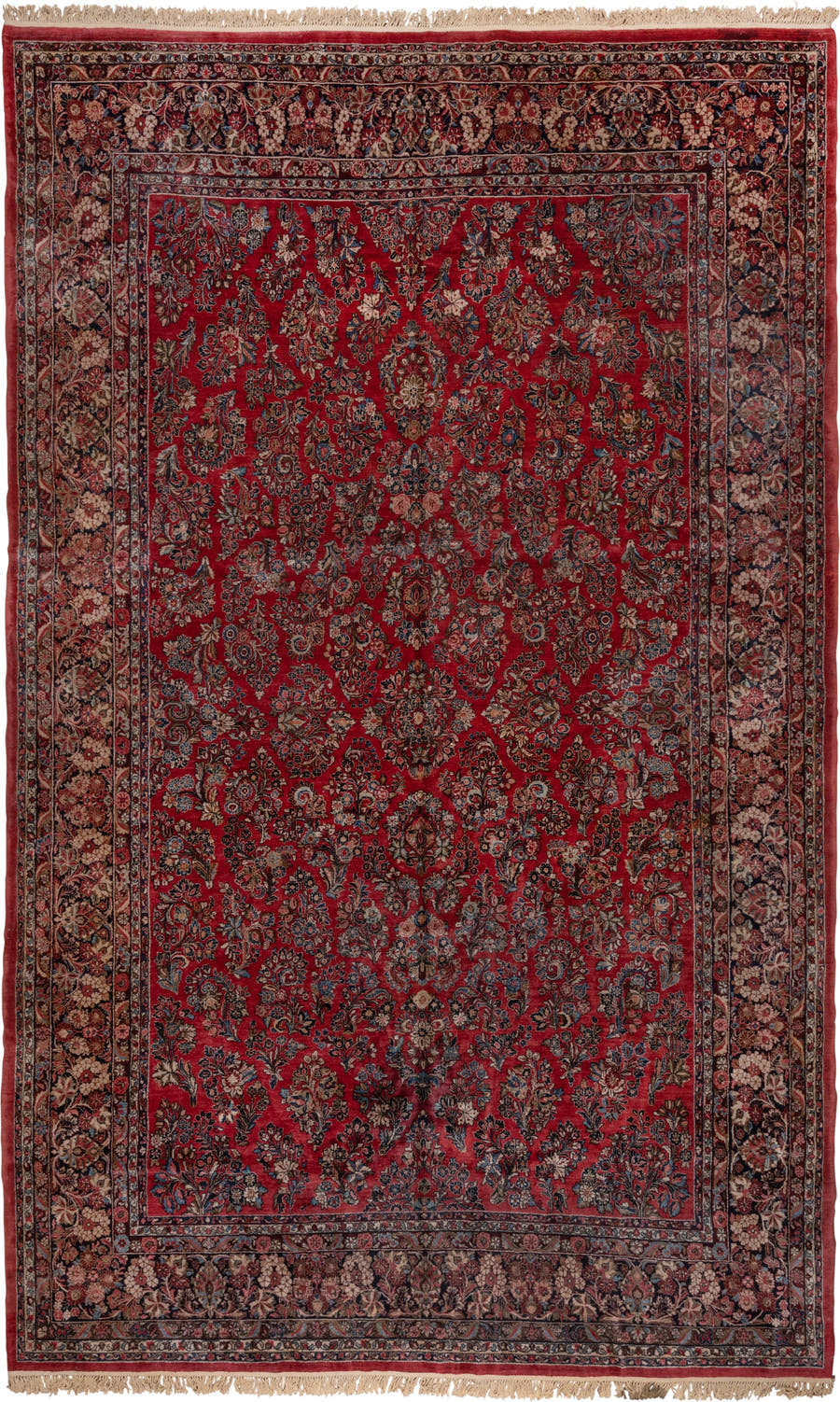 12' x 19' one-of-a-kind handmade vintage Sarouk oversize rug. Color palette: red, navy, ivory, rose, soft blue, burgundy