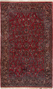 12' x 19' one-of-a-kind handmade vintage Sarouk oversize rug. Color palette: red, navy, ivory, rose, soft blue, burgundy