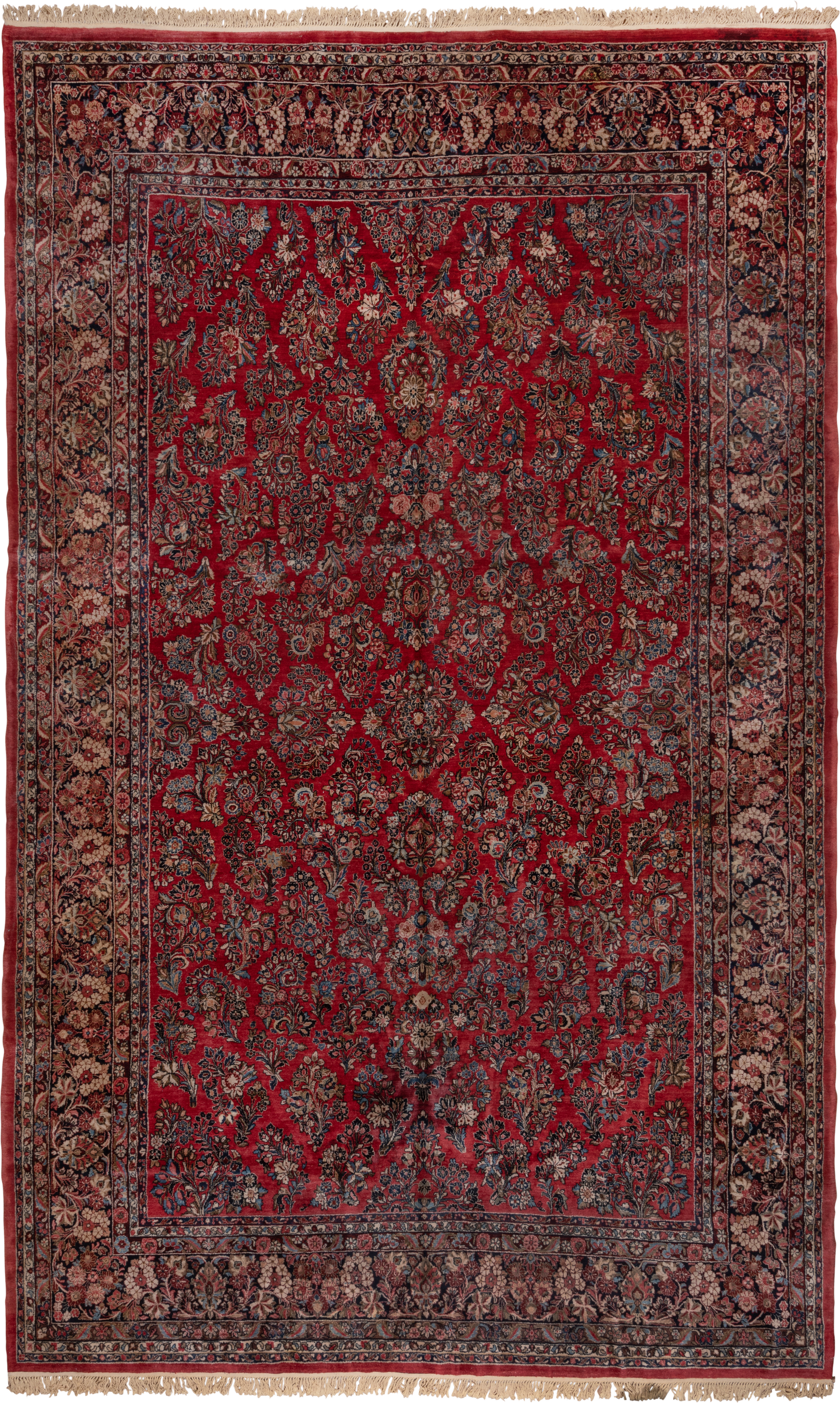 12' x 19' one-of-a-kind handmade vintage Sarouk oversize rug. Color palette: red, navy, ivory, rose, soft blue, burgundy