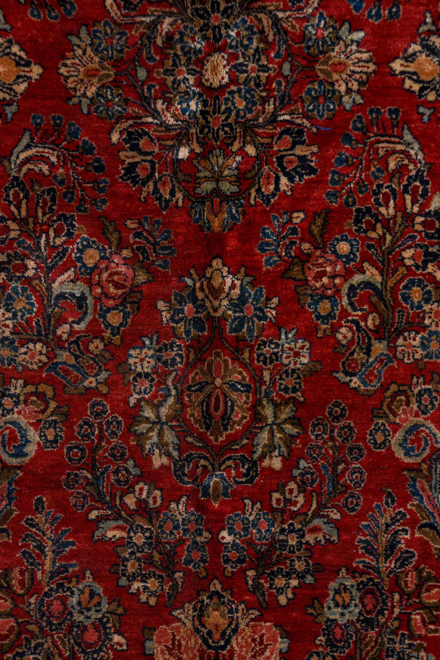 12' x 19' one-of-a-kind handmade vintage Sarouk oversize rug. Color palette: red, navy, ivory, rose, soft blue, burgundy