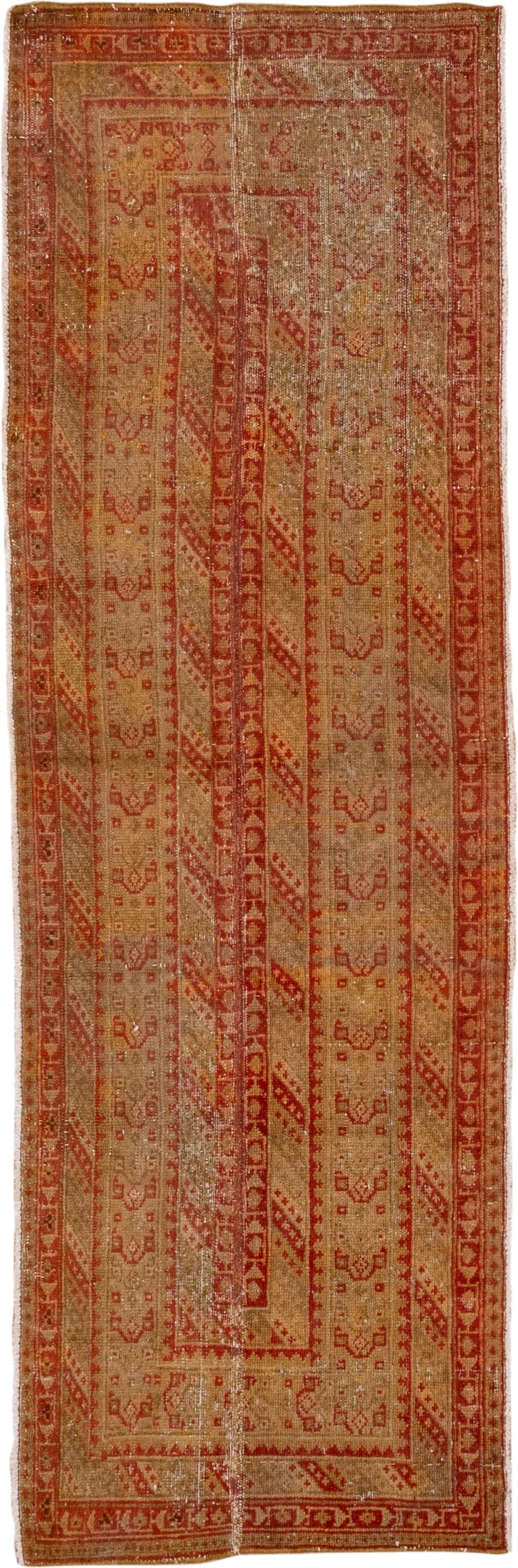 2' x 6' one-of-a-kind handmade vintage Malayer runner rug. Color palette: camel, rust, terra cotta, ivory, sienna, gold
