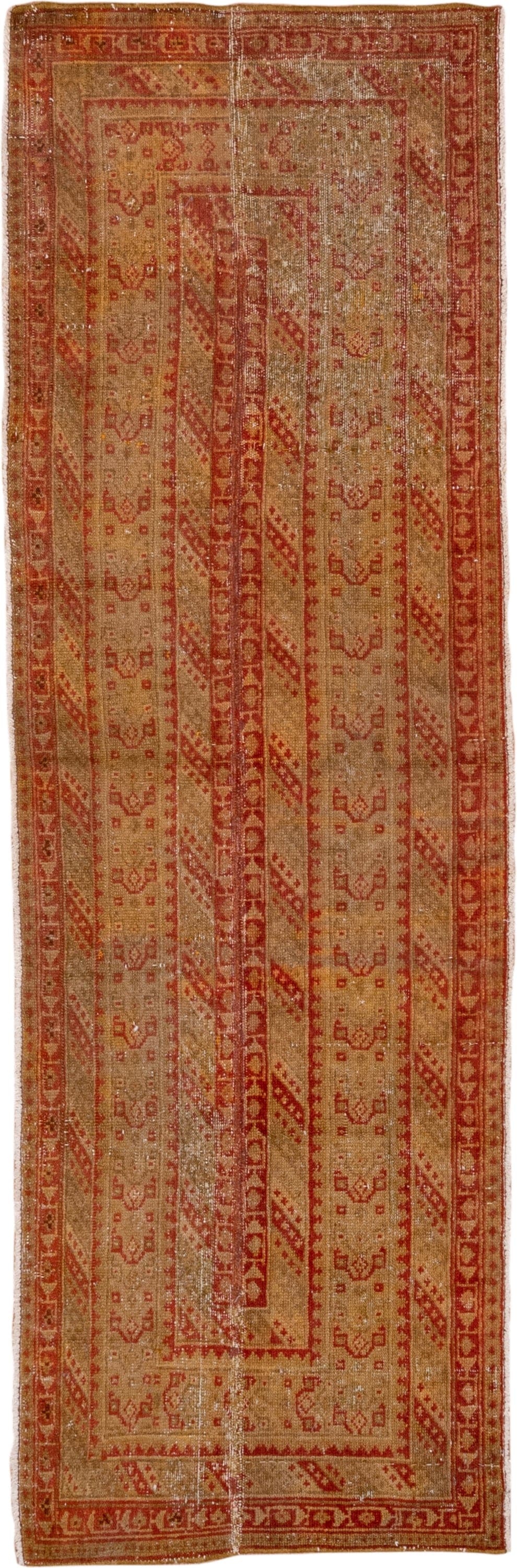 2' x 6' one-of-a-kind handmade vintage Malayer runner rug. Color palette: camel, rust, terra cotta, ivory, sienna, gold