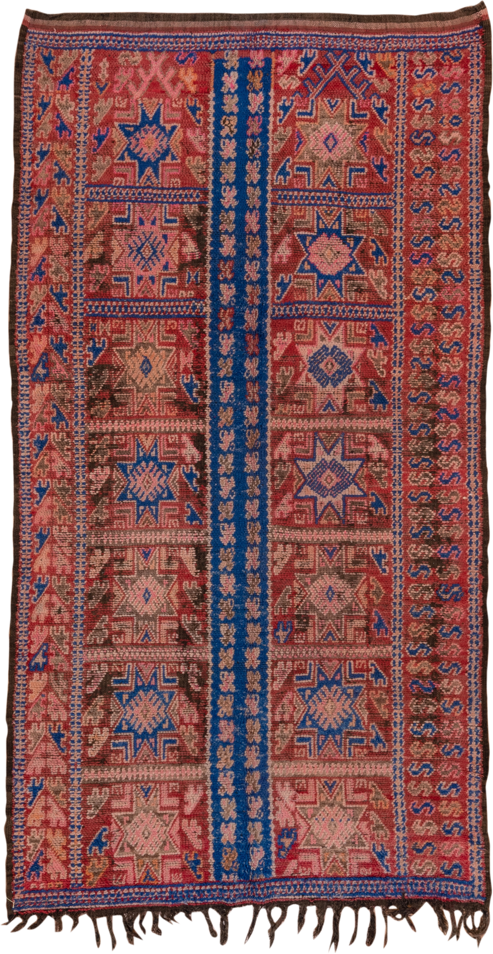 5' x 10' one-of-a-kind handmade antique Moroccan medium size rug. Color palette: rose, cobalt, rust, taupe, brown, ivory