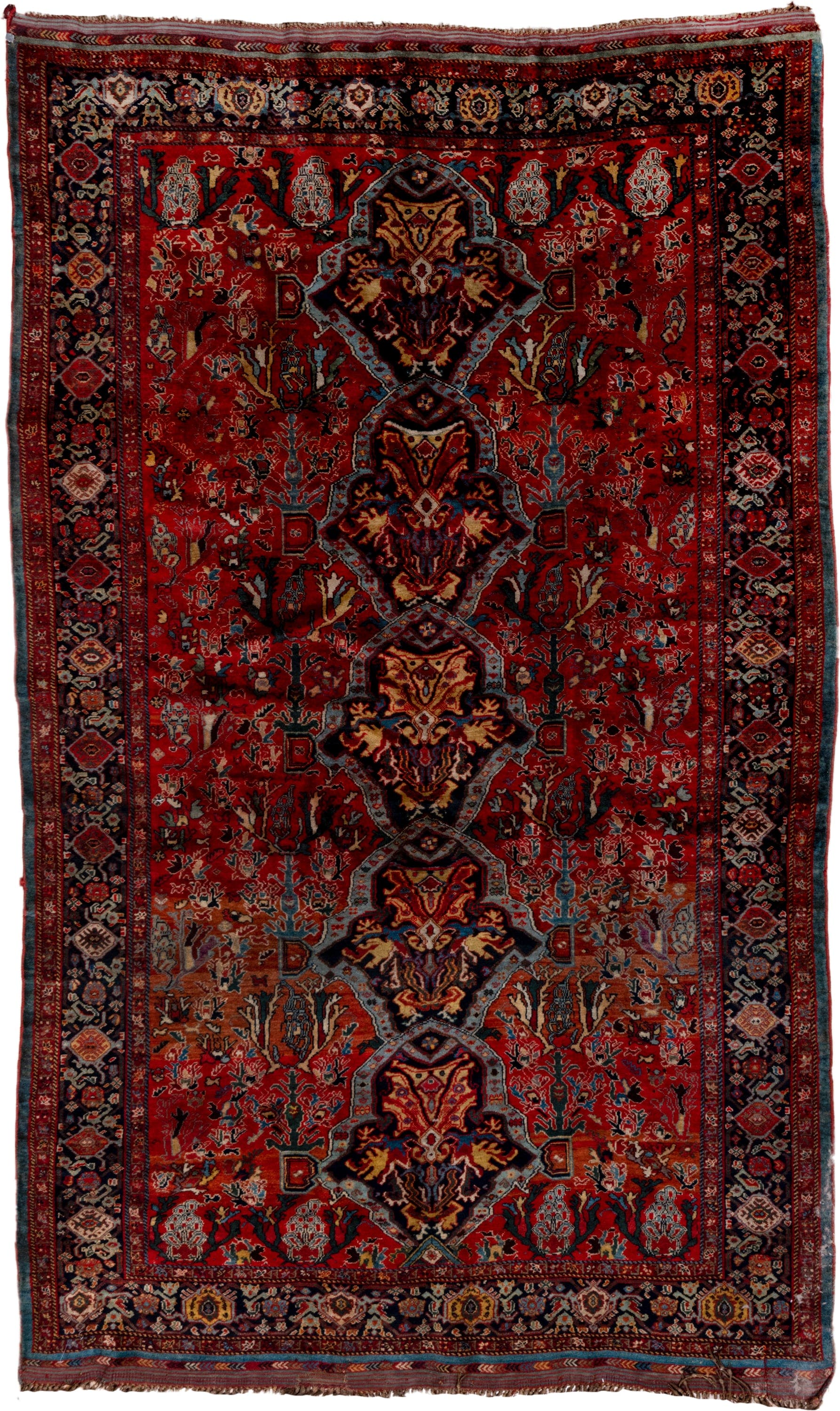 5' x 8' one-of-a-kind handmade antique Qashqai medium size rug. Color palette: red, navy, ivory, sky blue, rust, gold