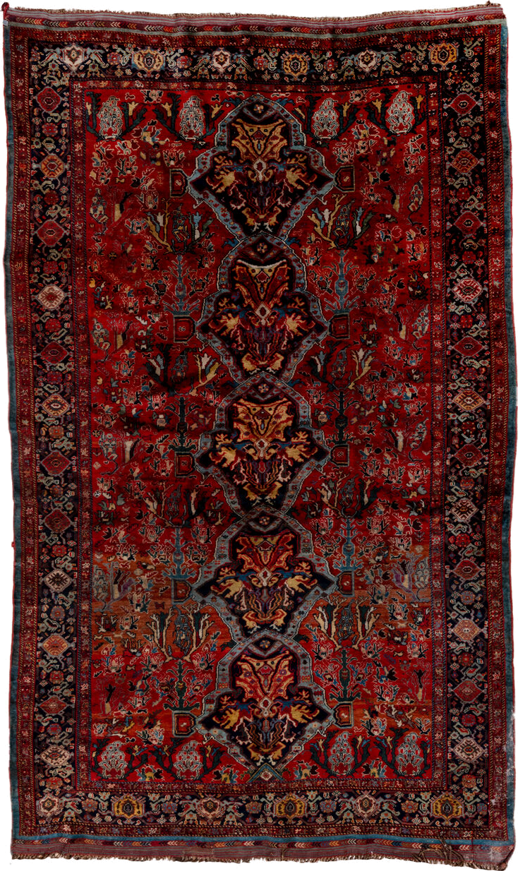 5' x 8' one-of-a-kind handmade antique Qashqai medium size rug. Color palette: red, navy, ivory, sky blue, rust, gold