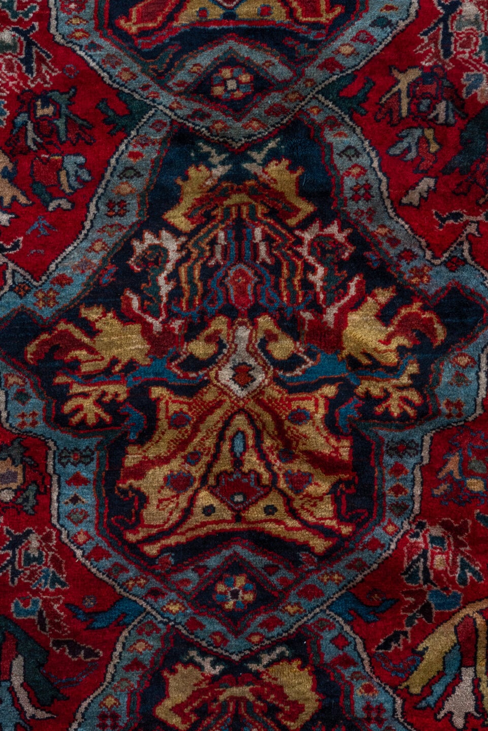 5' x 8' one-of-a-kind handmade antique Qashqai medium size rug. Color palette: red, navy, ivory, sky blue, rust, gold