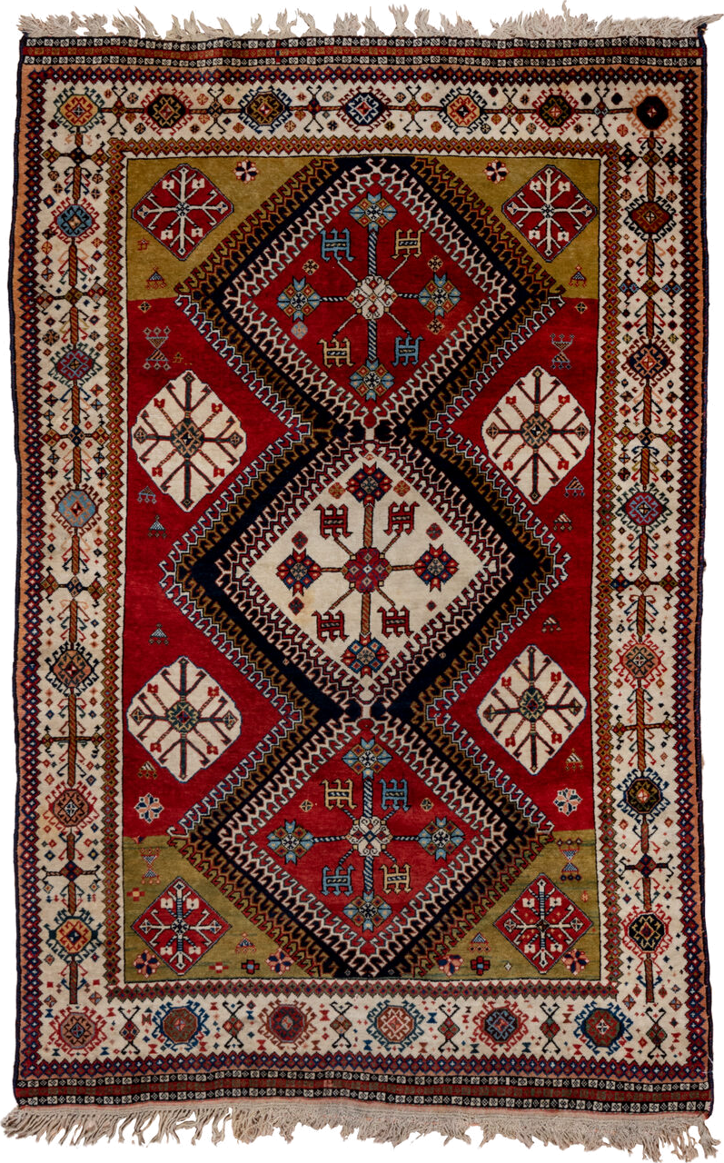 4' x 7' one-of-a-kind handmade vintage Qashqai rug. Color palette: crimson, ivory, indigo, camel, sky_blue, rust, black, red