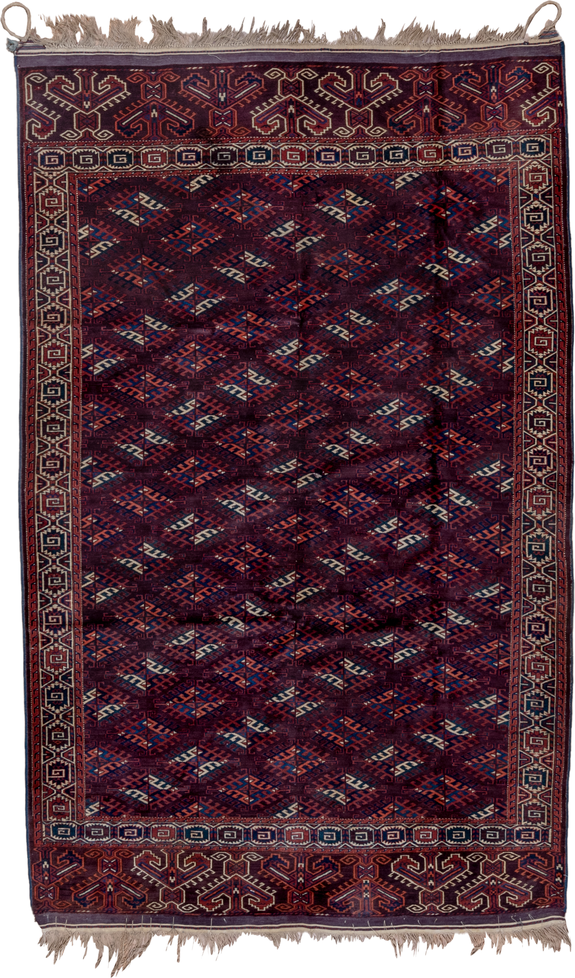 6' x 10' one-of-a-kind handmade vintage Yamoud large size rug. Color palette: burgundy, navy, rust, ivory, crimson, indigo