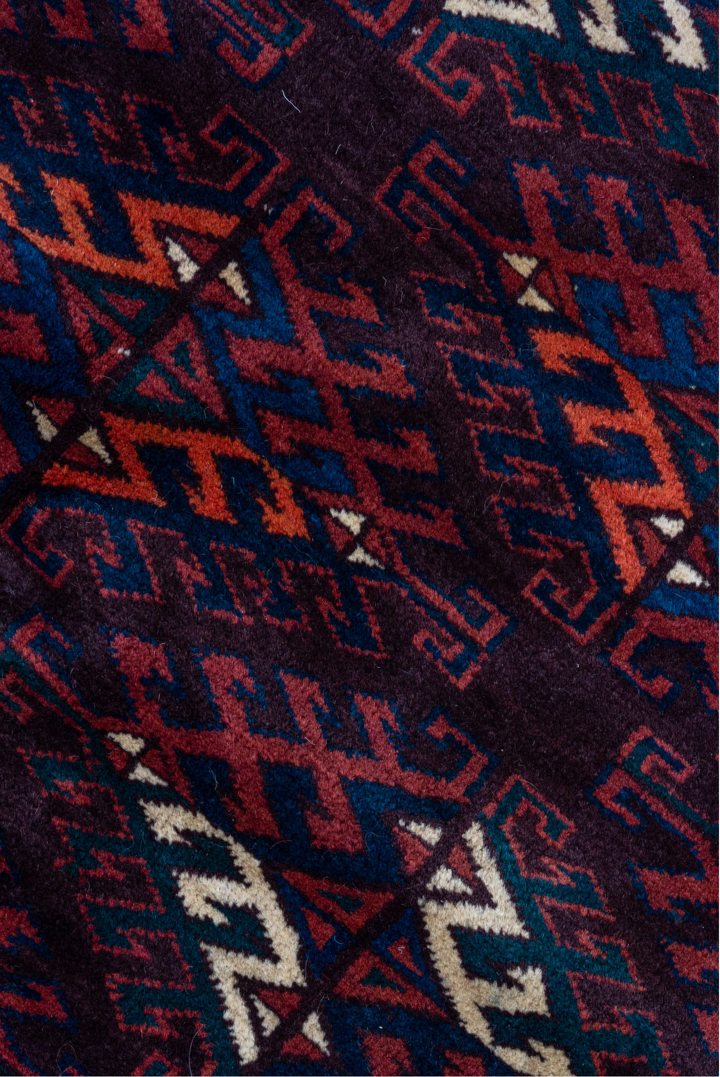 6' x 10' one-of-a-kind handmade vintage Yamoud large size rug. Color palette: blue, brown, gray, light gray, pink, red