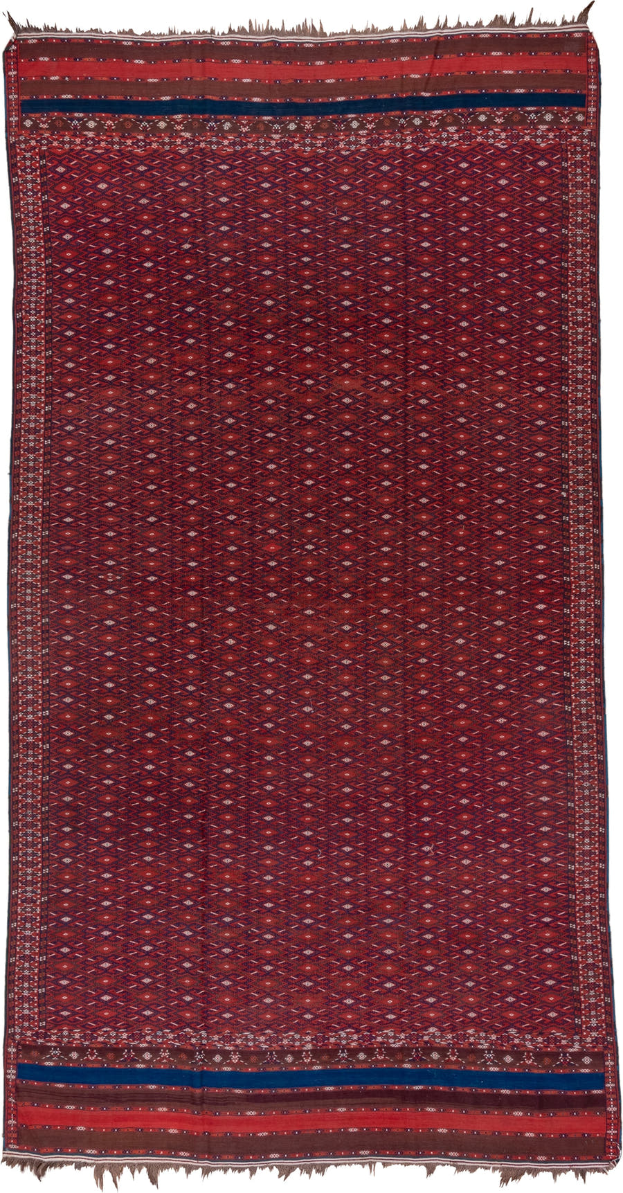 7' x 14' one-of-a-kind handmade vintage Flatweave large size rug. Color palette: rust, crimson, burgundy, indigo, ivory