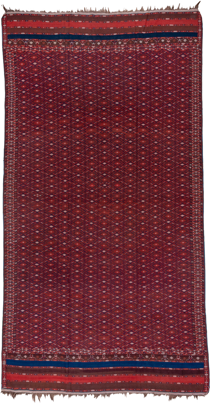 7' x 14' one-of-a-kind handmade vintage Flatweave large size rug. Color palette: rust, crimson, burgundy, indigo, ivory