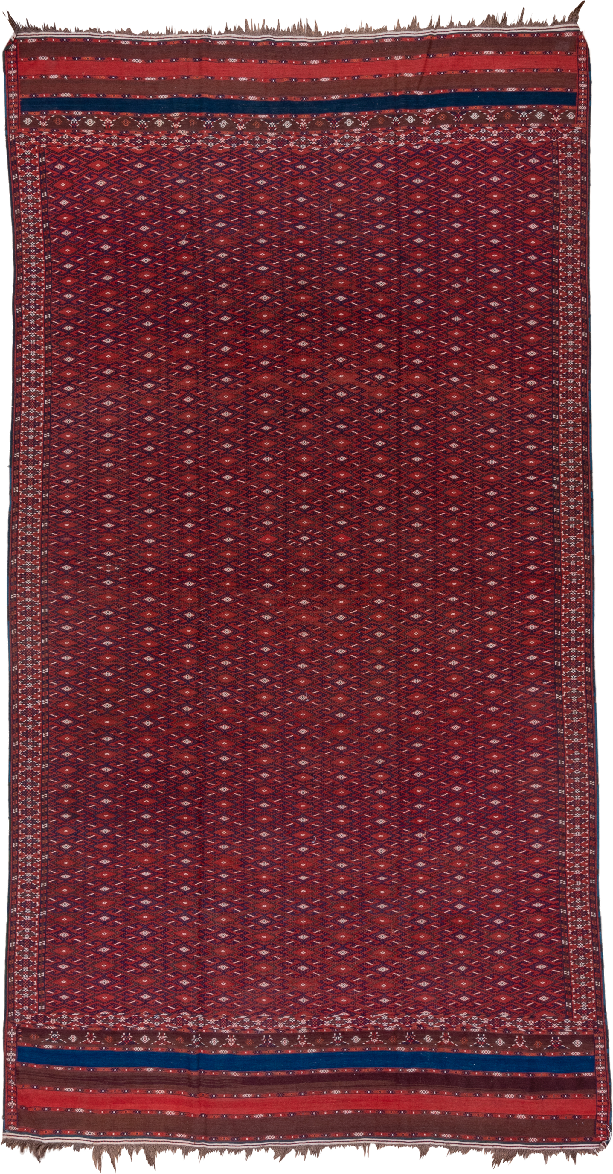 7' x 14' one-of-a-kind handmade vintage Flatweave large size rug. Color palette: rust, crimson, burgundy, indigo, ivory
