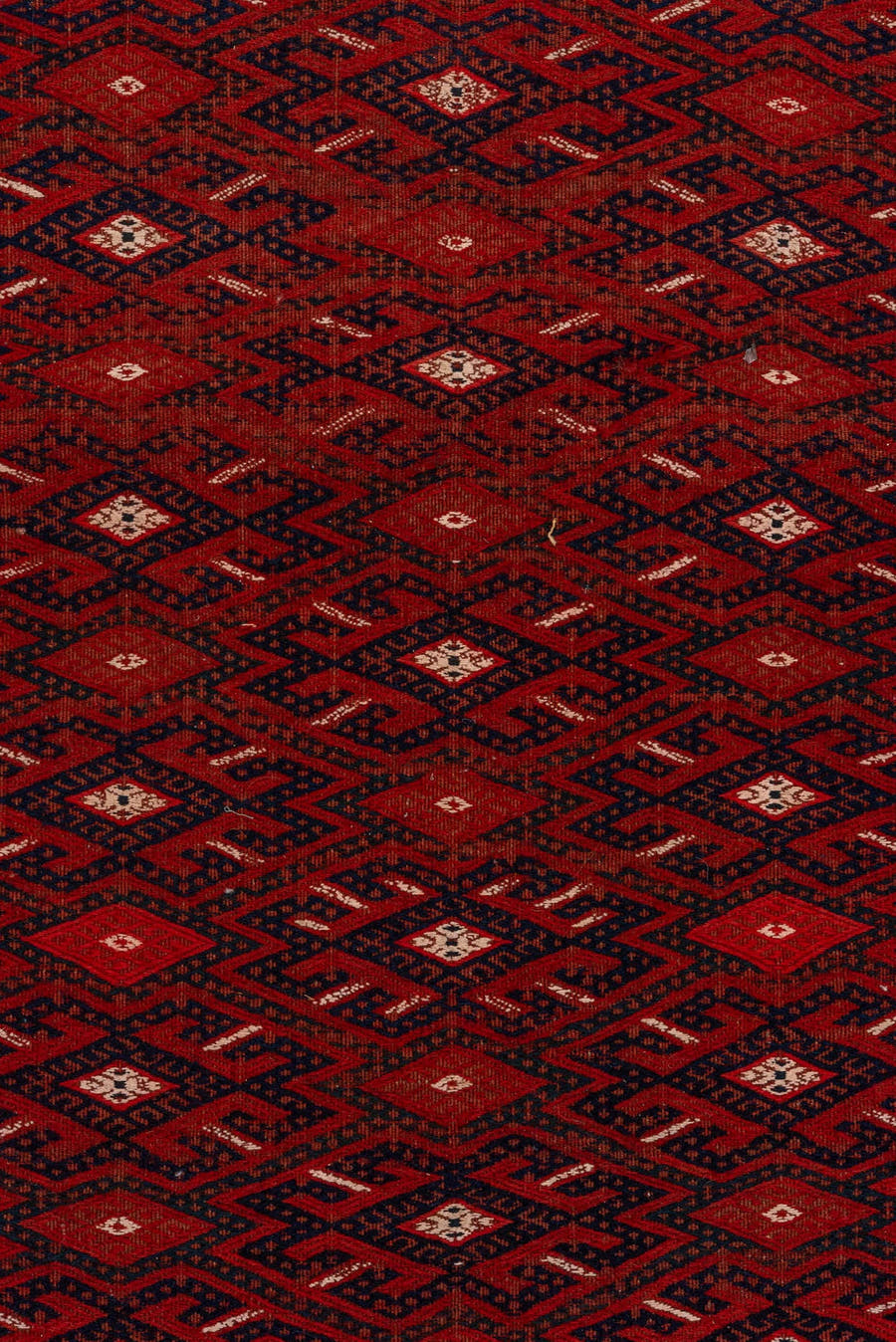 7' x 14' one-of-a-kind handmade vintage Flatweave large size rug. Color palette: rust, crimson, burgundy, indigo, ivory