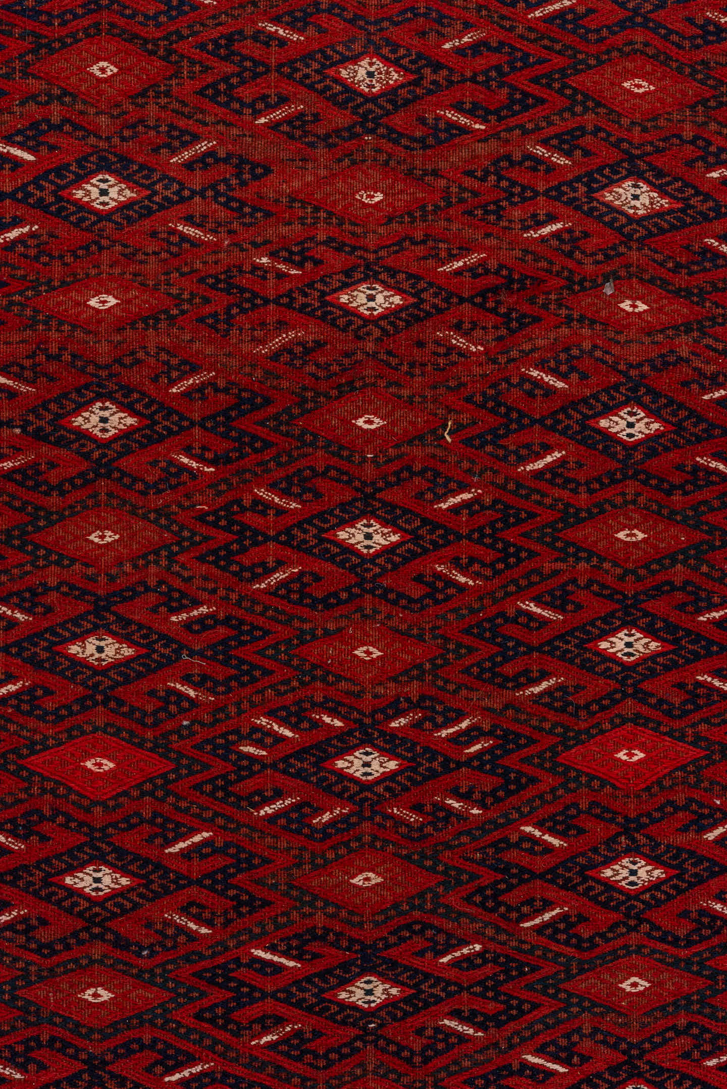 7' x 14' one-of-a-kind handmade vintage Flatweave large size rug. Color palette: rust, crimson, burgundy, indigo, ivory