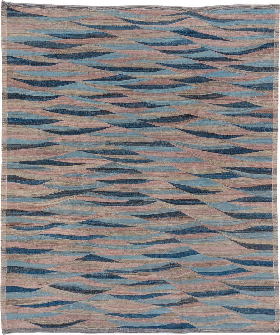 8' x 9' one-of-a-kind handmade vintage Kilim rug. Color palette: taupe, sky blue, navy, blush, beige, slate, gray