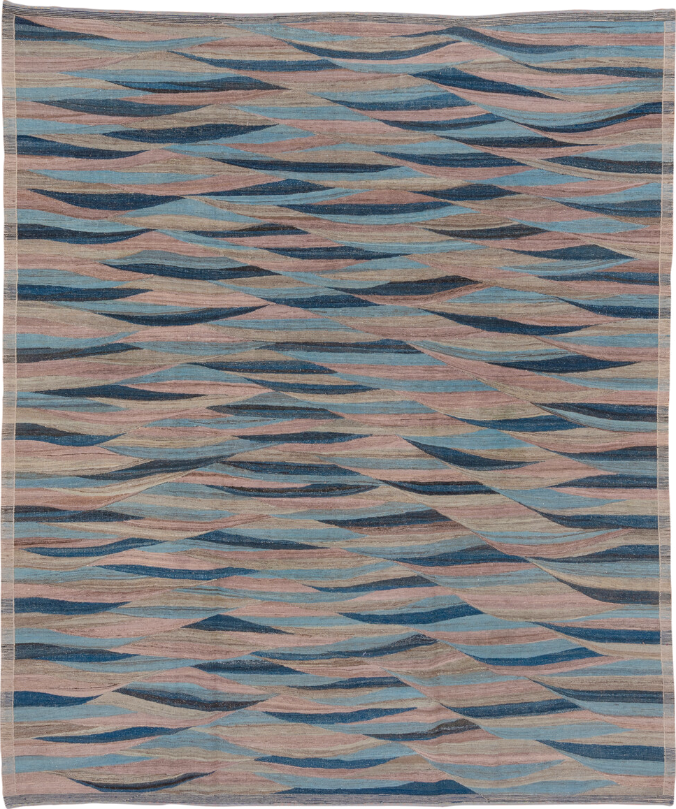 8' x 9' one-of-a-kind handmade vintage Kilim rug. Color palette: taupe, sky blue, navy, blush, beige, slate, gray
