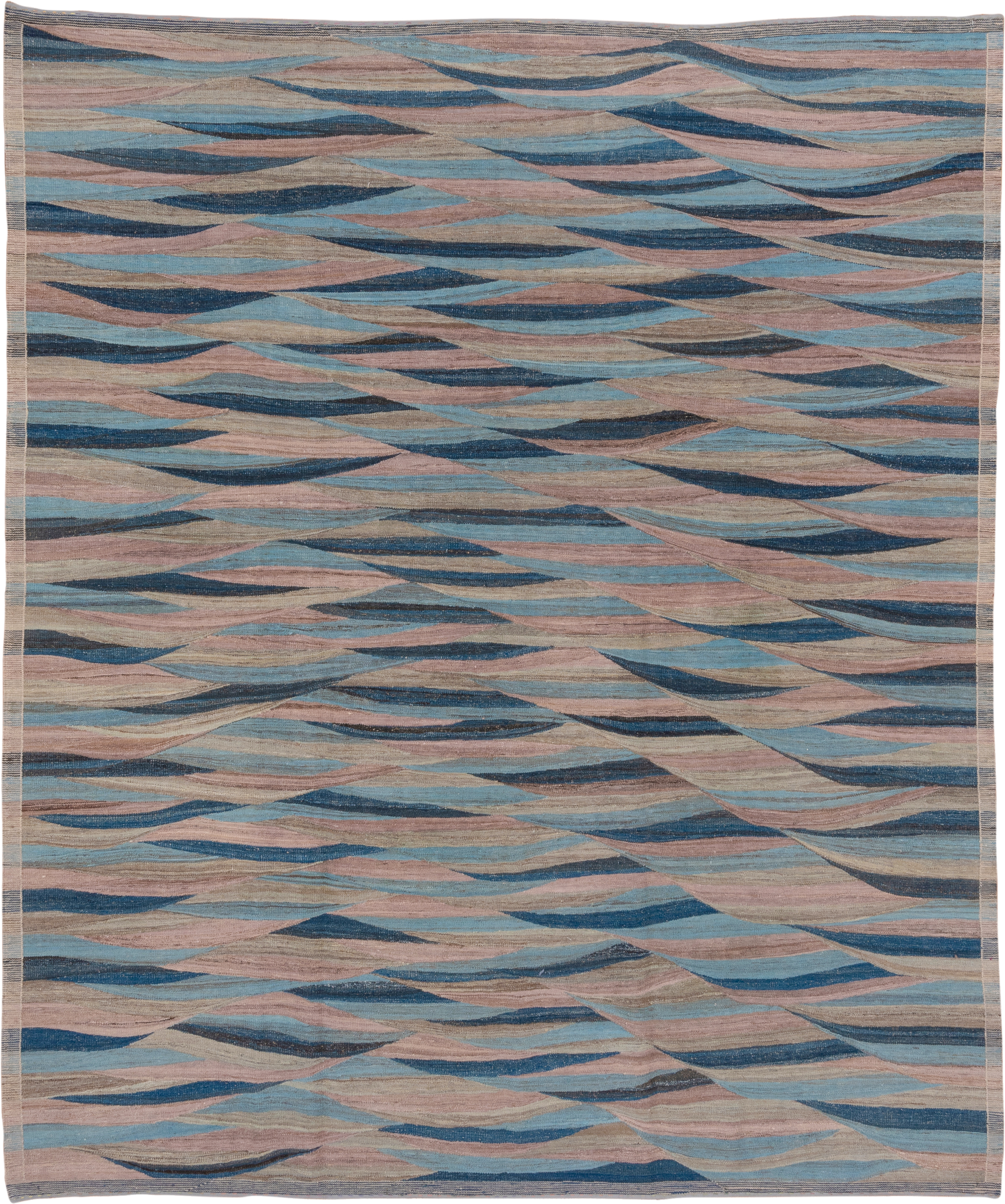 8' x 9' one-of-a-kind handmade vintage Kilim rug. Color palette: taupe, sky blue, navy, blush, beige, slate, gray