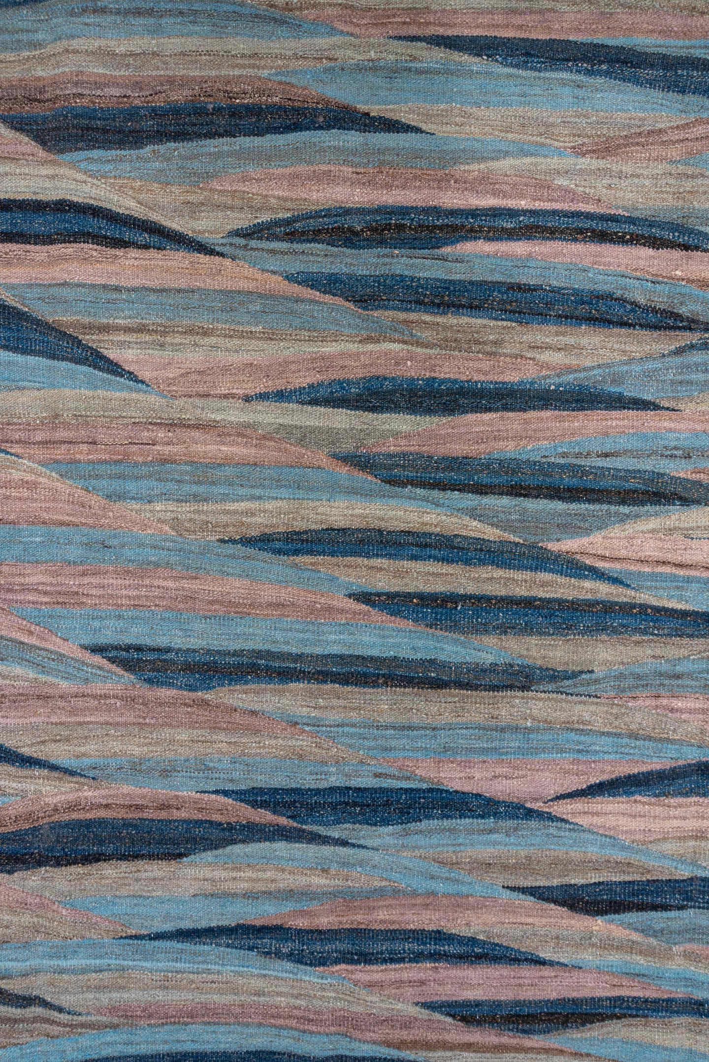 8' x 9' one-of-a-kind handmade vintage Kilim rug. Color palette: taupe, sky blue, navy, blush, beige, slate, gray