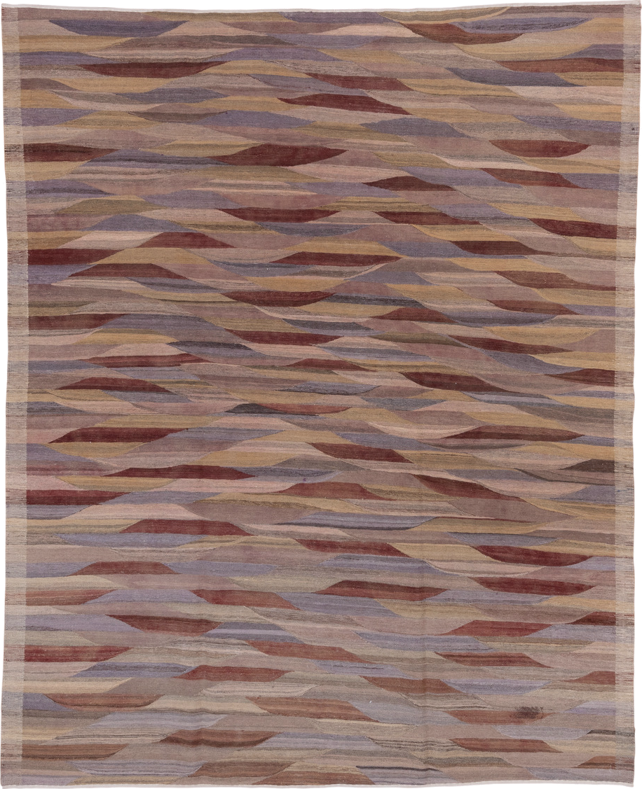 7' x 8' one-of-a-kind handmade vintage Kilim rug. Color palette: taupe, mauve, rose, dusty lavender, muted gold, rust, beige
