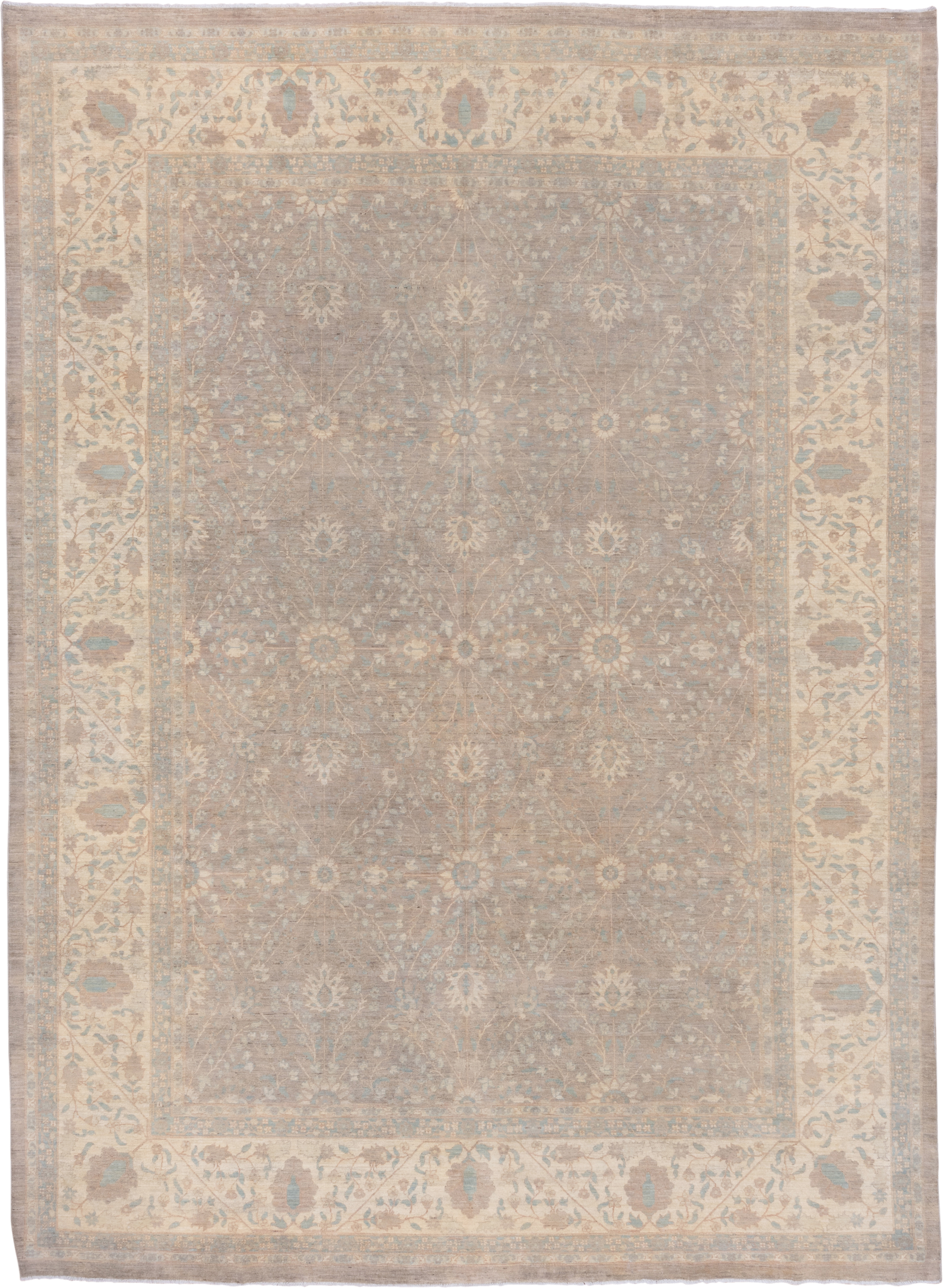 9' x 12' one-of-a-kind handmade vintage Sivas large size rug. Color palette: taupe, ivory, pale blue, beige, sand, camel