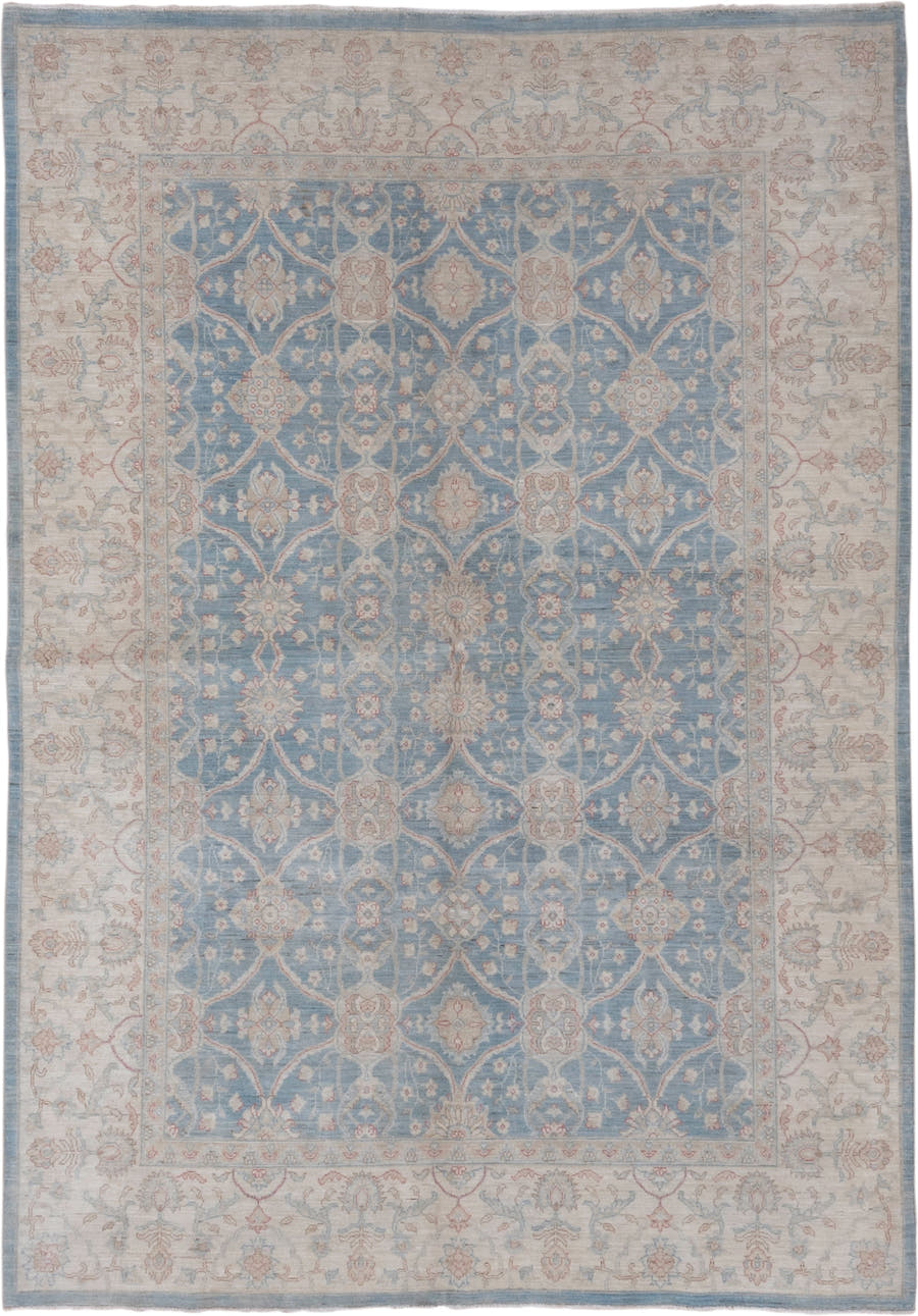 6' x 9' one-of-a-kind handmade vintage Afghan medium size rug. Color palette: pale blue, ivory, blush, taupe, sage