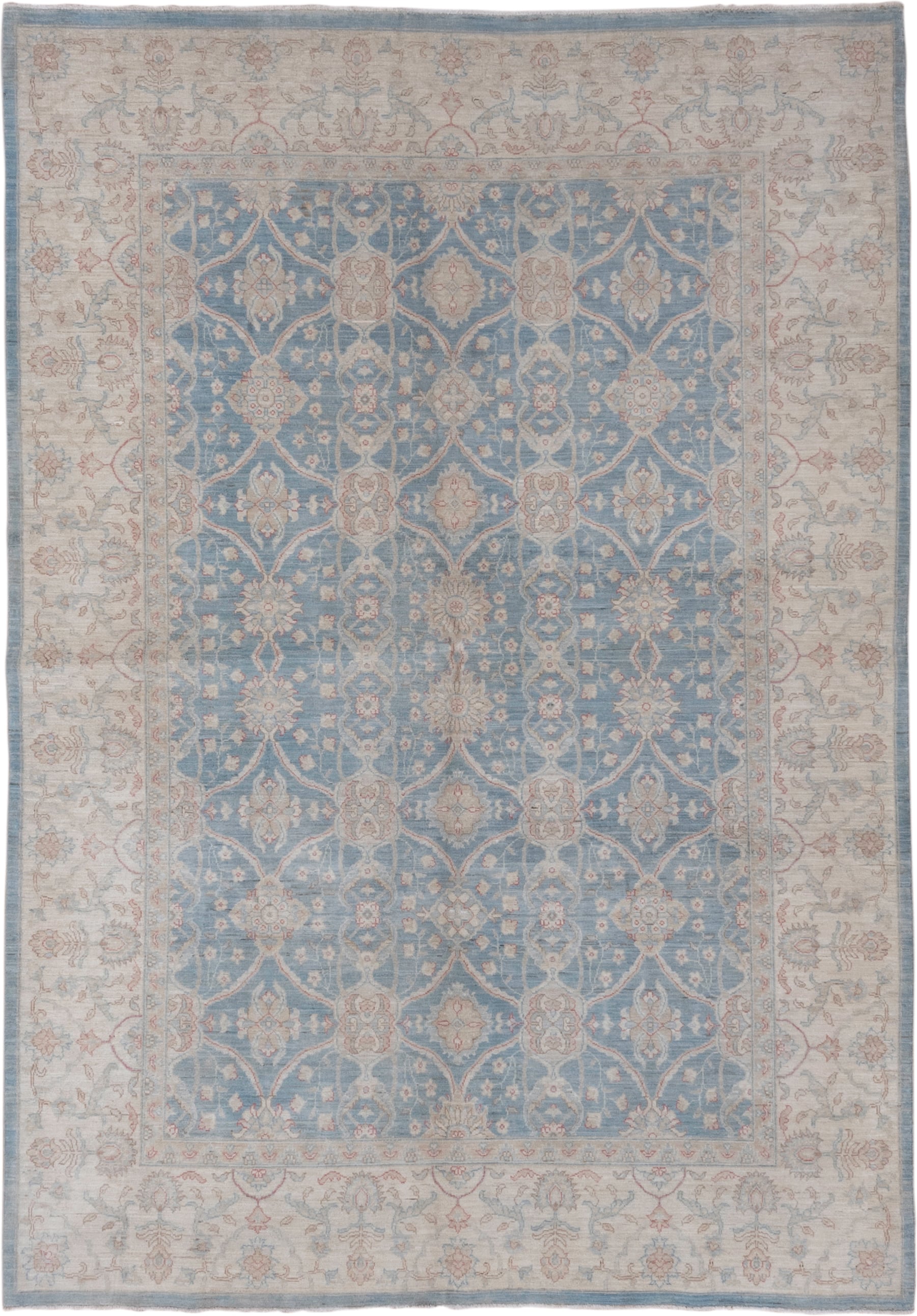 6' x 9' one-of-a-kind handmade vintage Afghan medium size rug. Color palette: pale blue, ivory, blush, taupe, sage