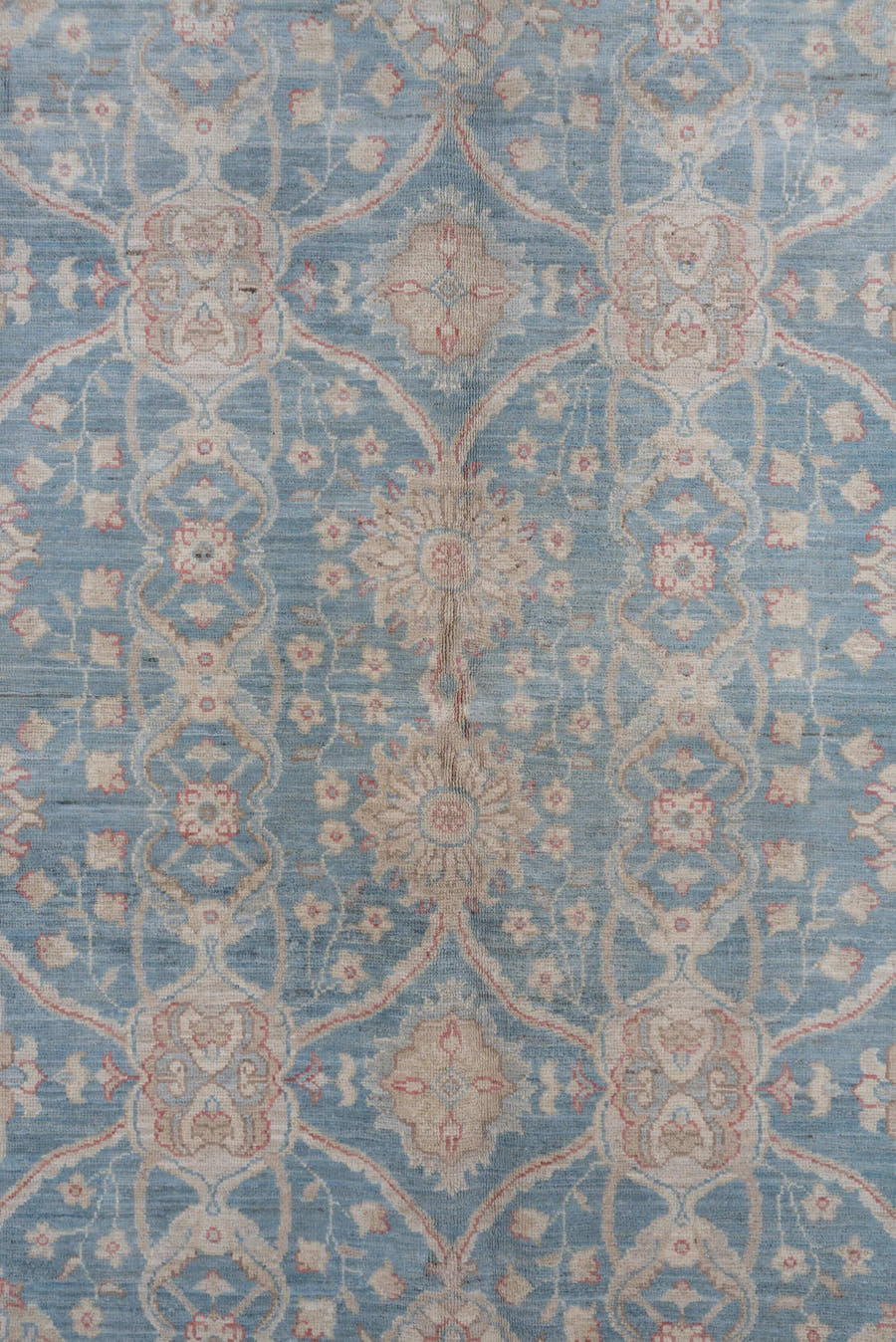 6' x 9' one-of-a-kind handmade vintage Afghan medium size rug. Color palette: pale blue, ivory, blush, taupe, sage