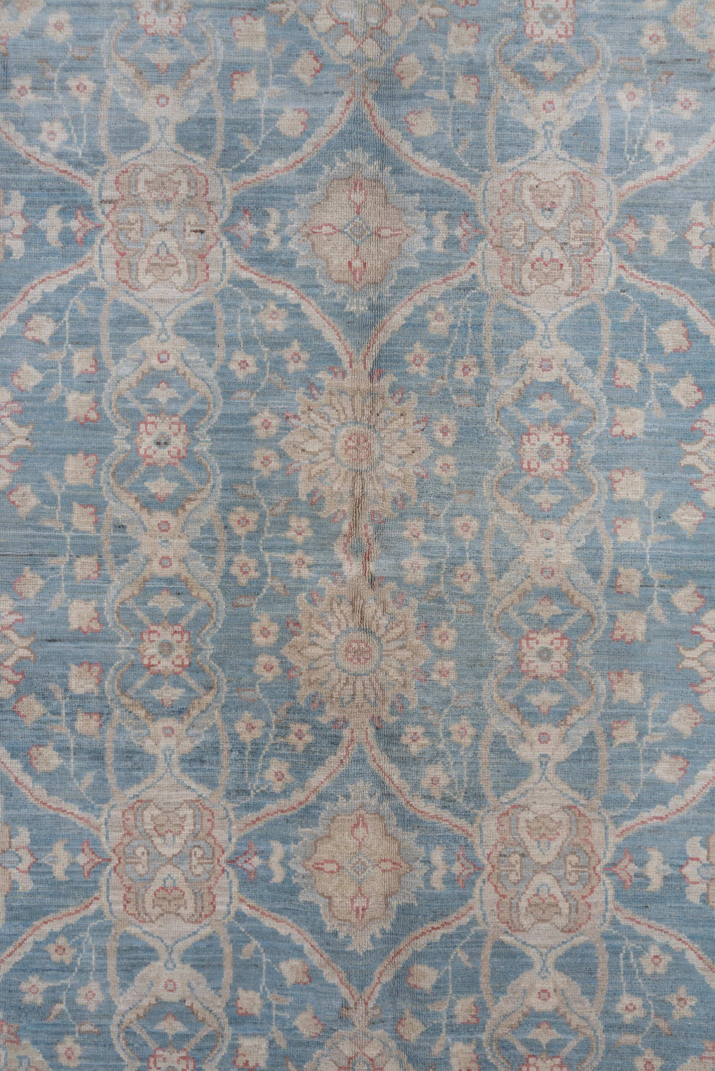 6' x 9' one-of-a-kind handmade vintage Afghan medium size rug. Color palette: pale blue, ivory, blush, taupe, sage
