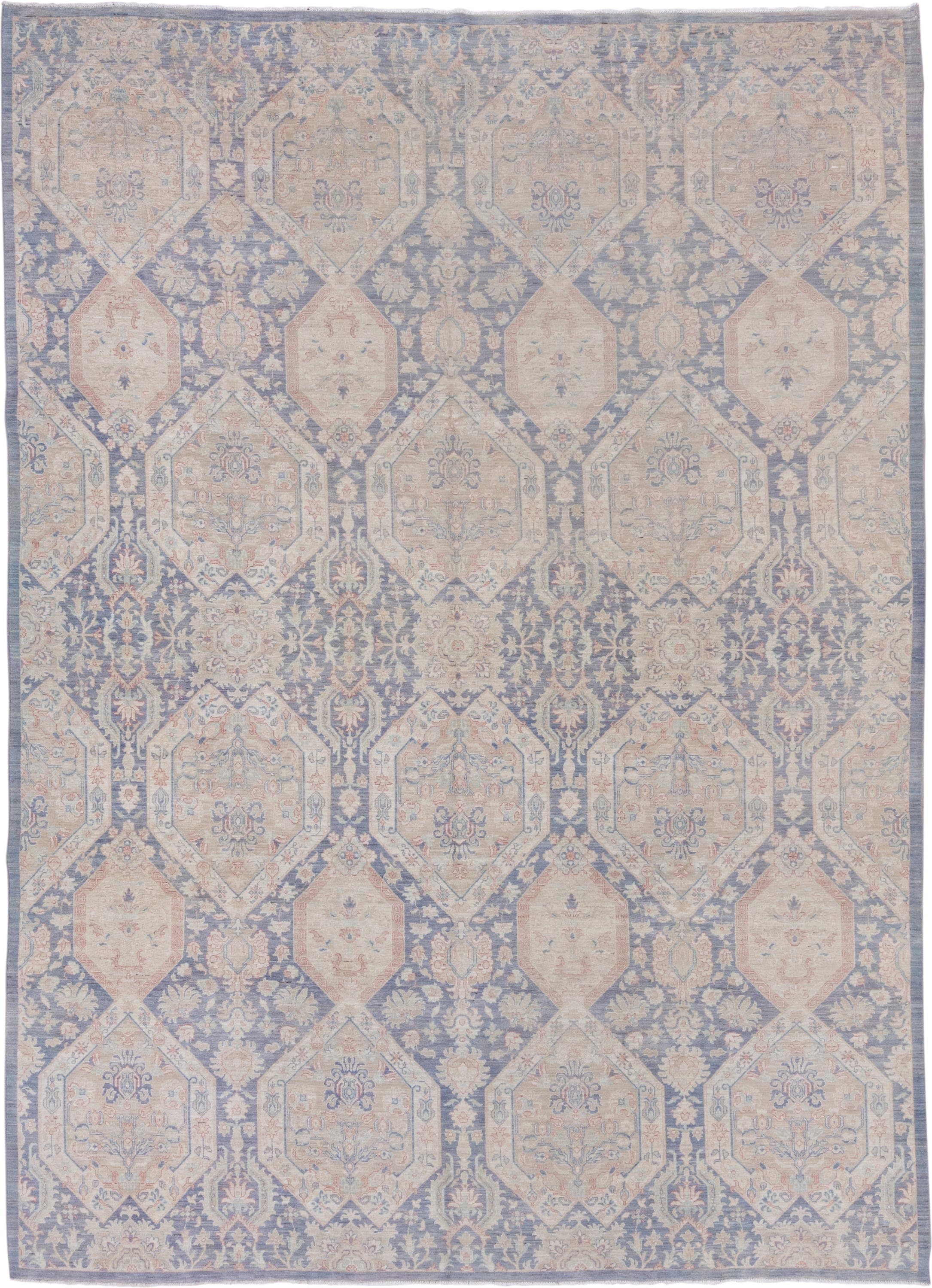 8' x 12' one-of-a-kind handmade vintage Afghan large size rug. Color palette: powder blue, ivory, blush, taupe, slate, cream