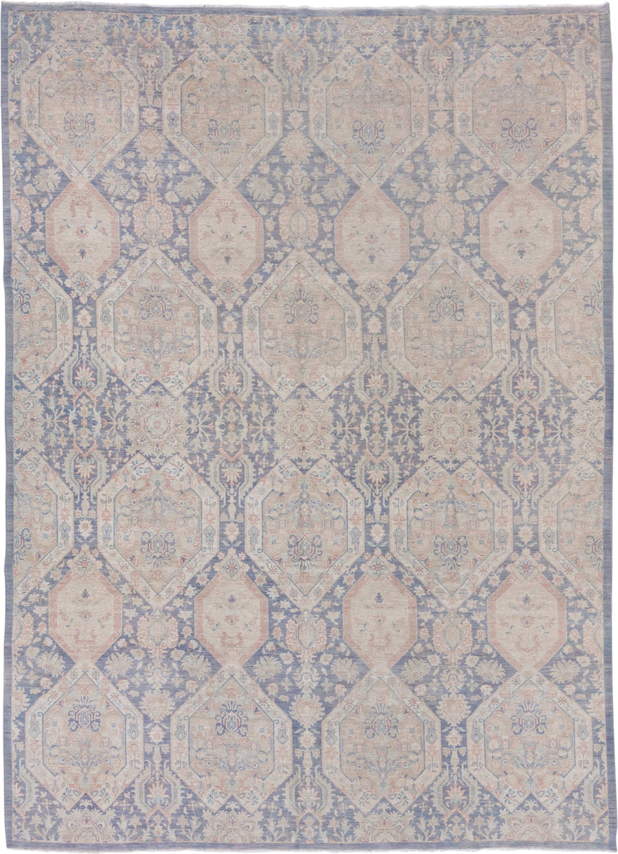 8' x 12' one-of-a-kind handmade vintage Afghan large size rug. Color palette: powder blue, ivory, blush, taupe, slate, cream