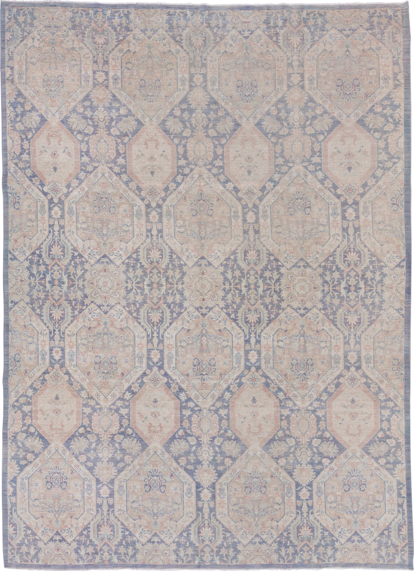 8' x 12' one-of-a-kind handmade vintage Afghan large size rug. Color palette: powder blue, ivory, blush, taupe, slate, cream
