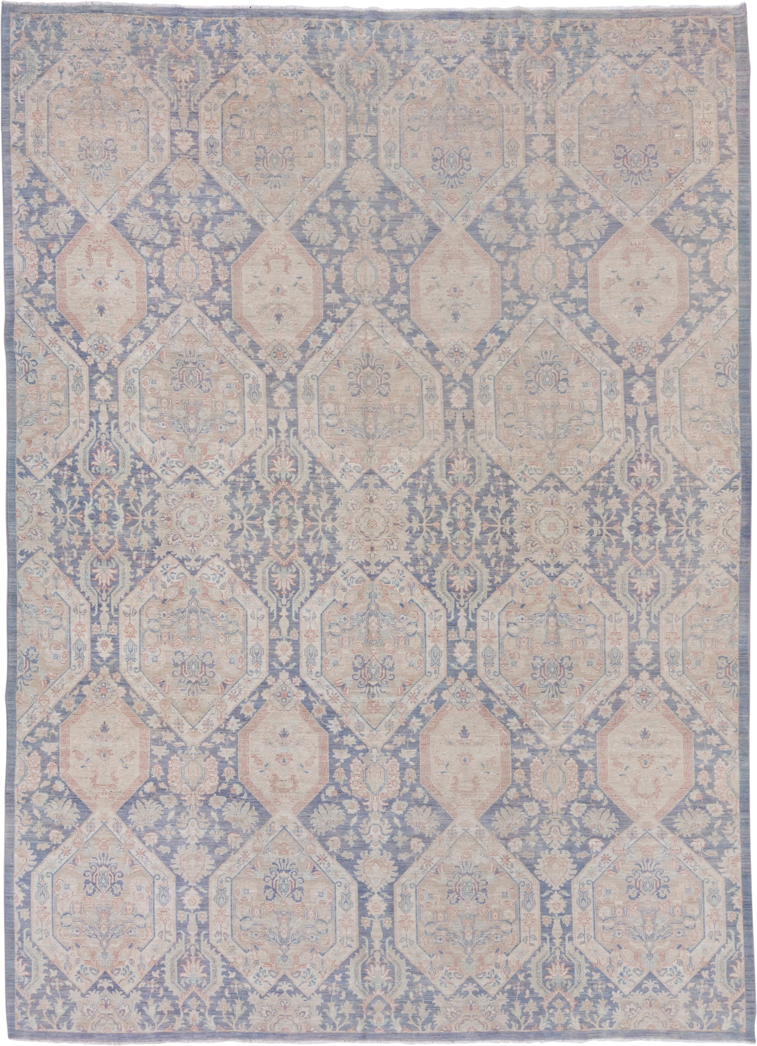 8' x 12' one-of-a-kind handmade vintage Afghan large size rug. Color palette: powder blue, ivory, blush, taupe, slate, cream