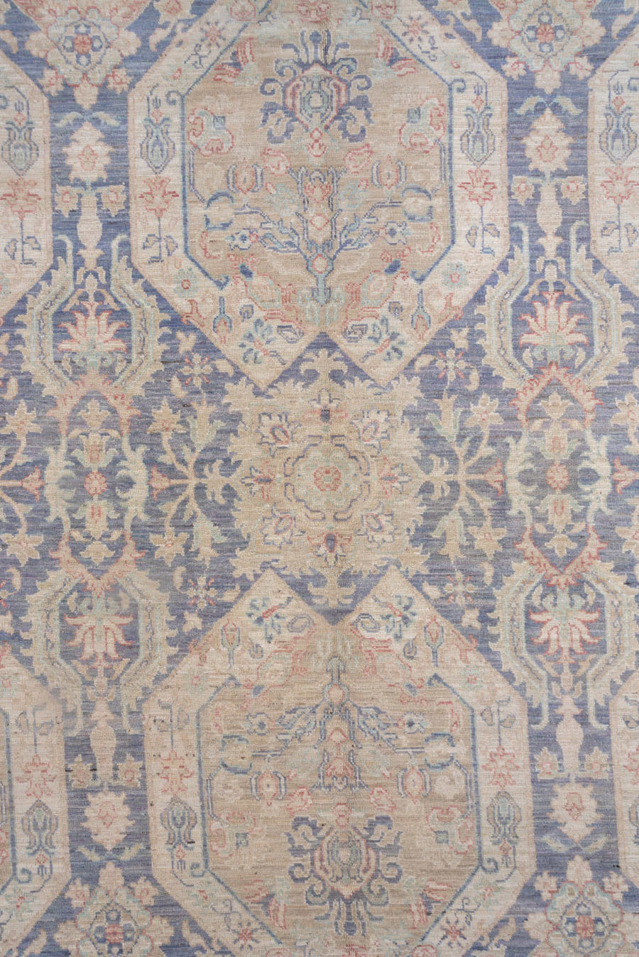 8' x 12' one-of-a-kind handmade vintage Afghan large size rug. Color palette: powder blue, ivory, blush, taupe, slate, cream