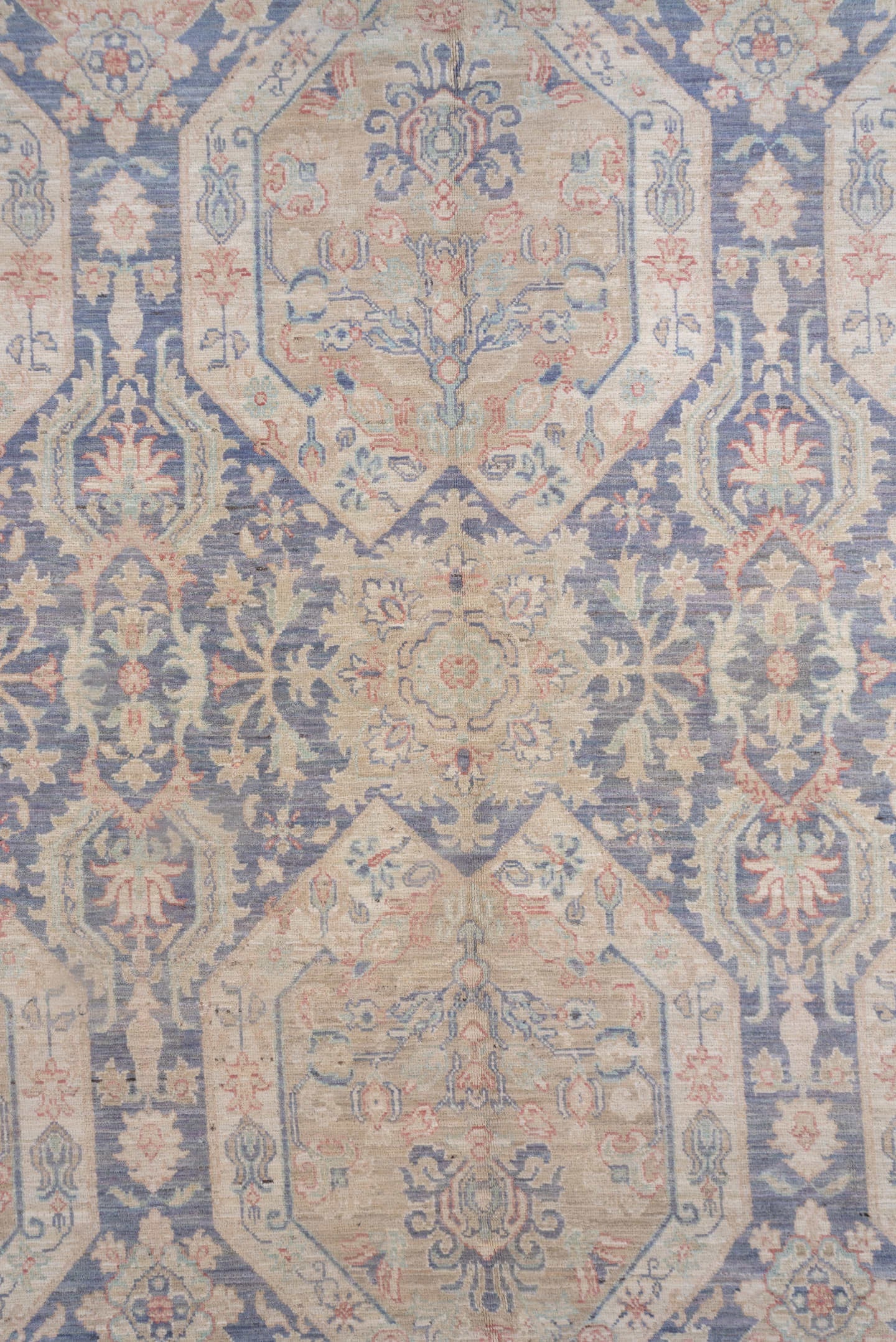 8' x 12' one-of-a-kind handmade vintage Afghan large size rug. Color palette: powder blue, ivory, blush, taupe, slate, cream